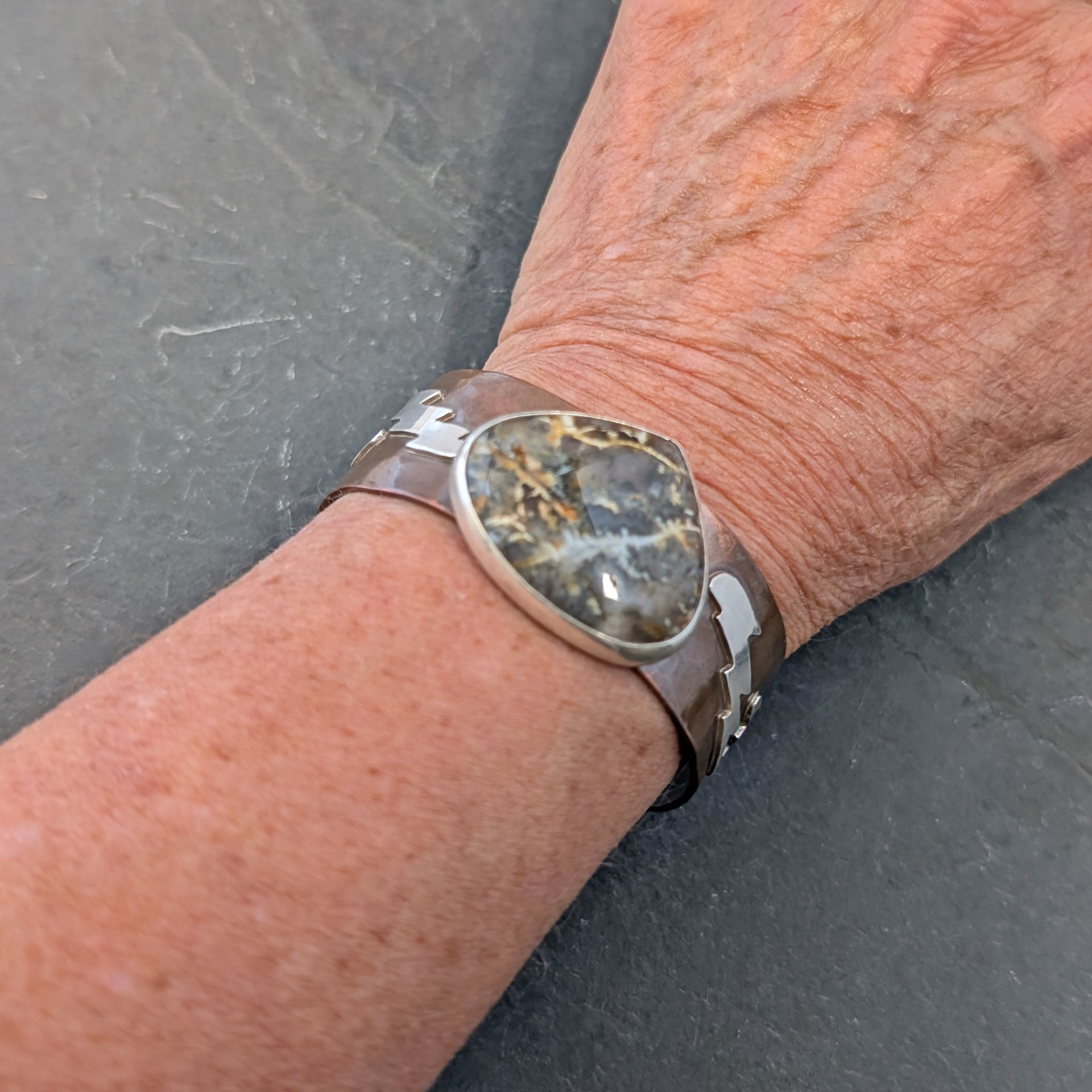 Copper Cuff with Plume Agate and Silver Lightning