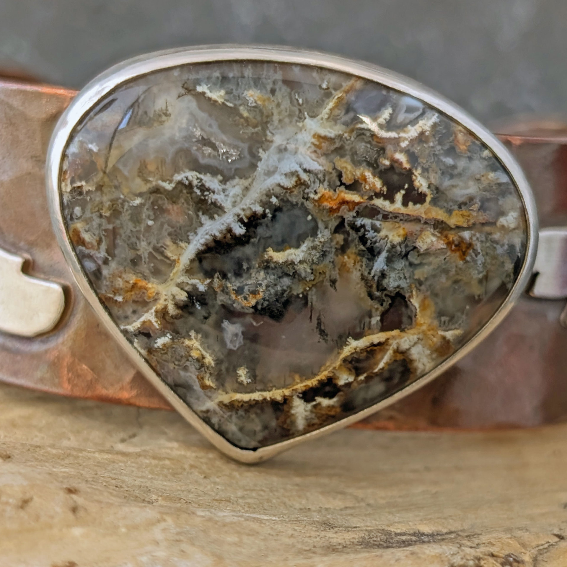 Copper Cuff with Plume Agate and Silver Lightning