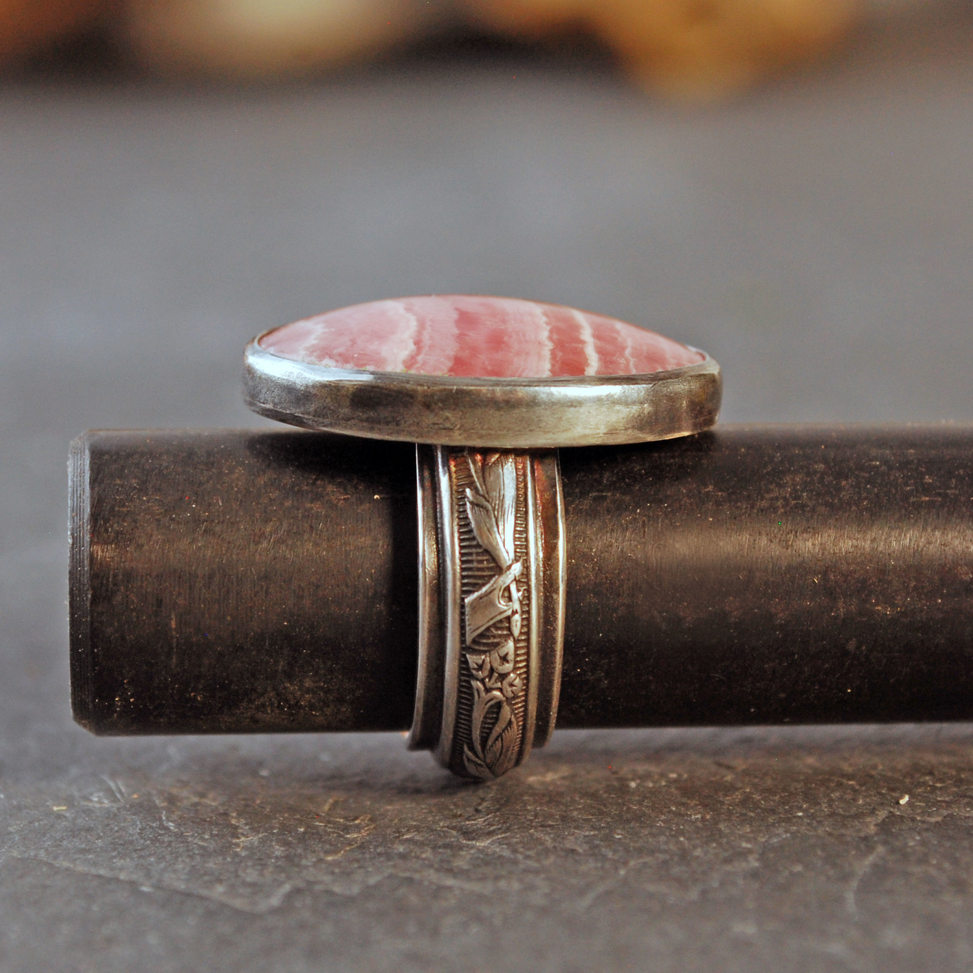 Rhodochrosite Silver Ring, Size 6.75