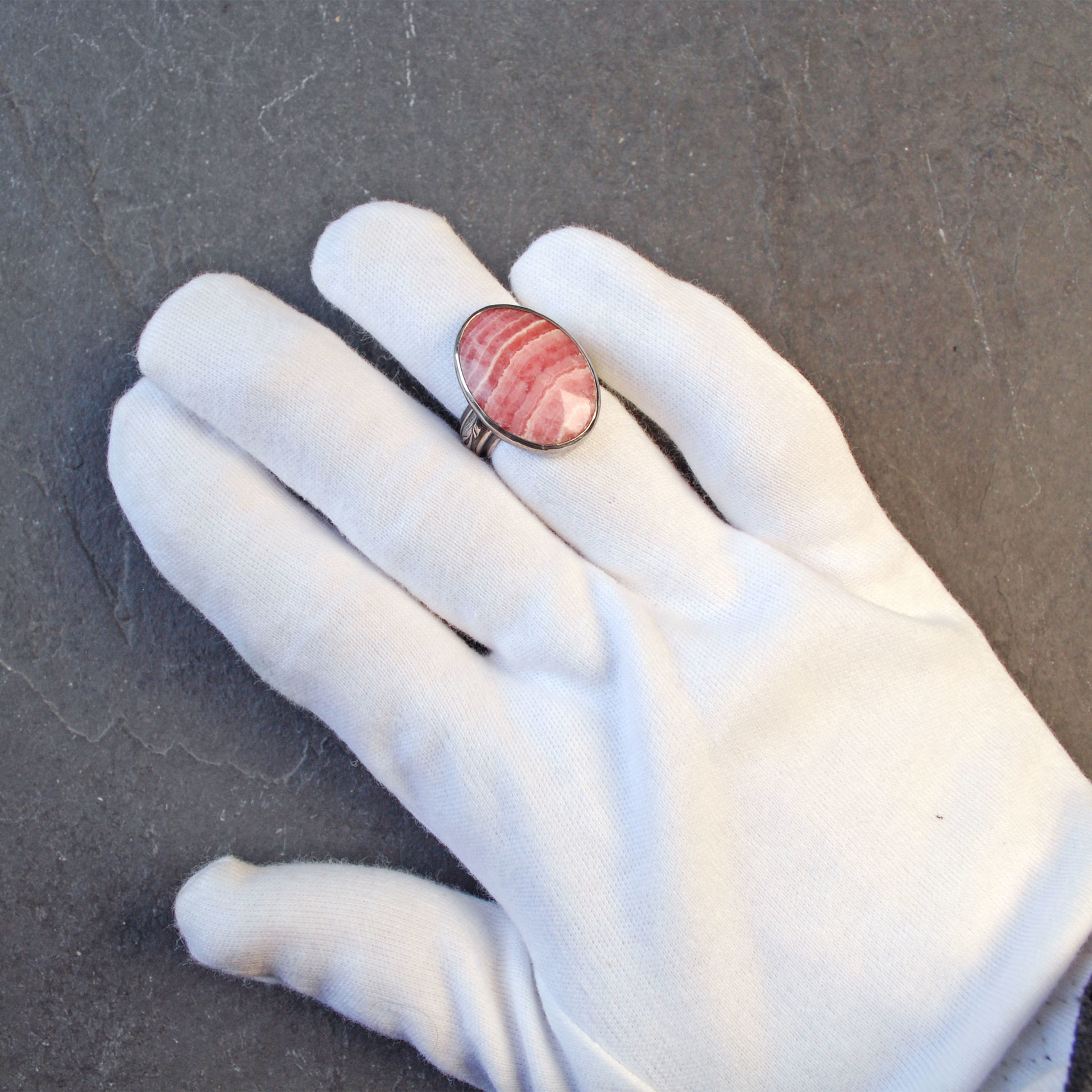 Rhodochrosite Silver Ring, Size 6.75
