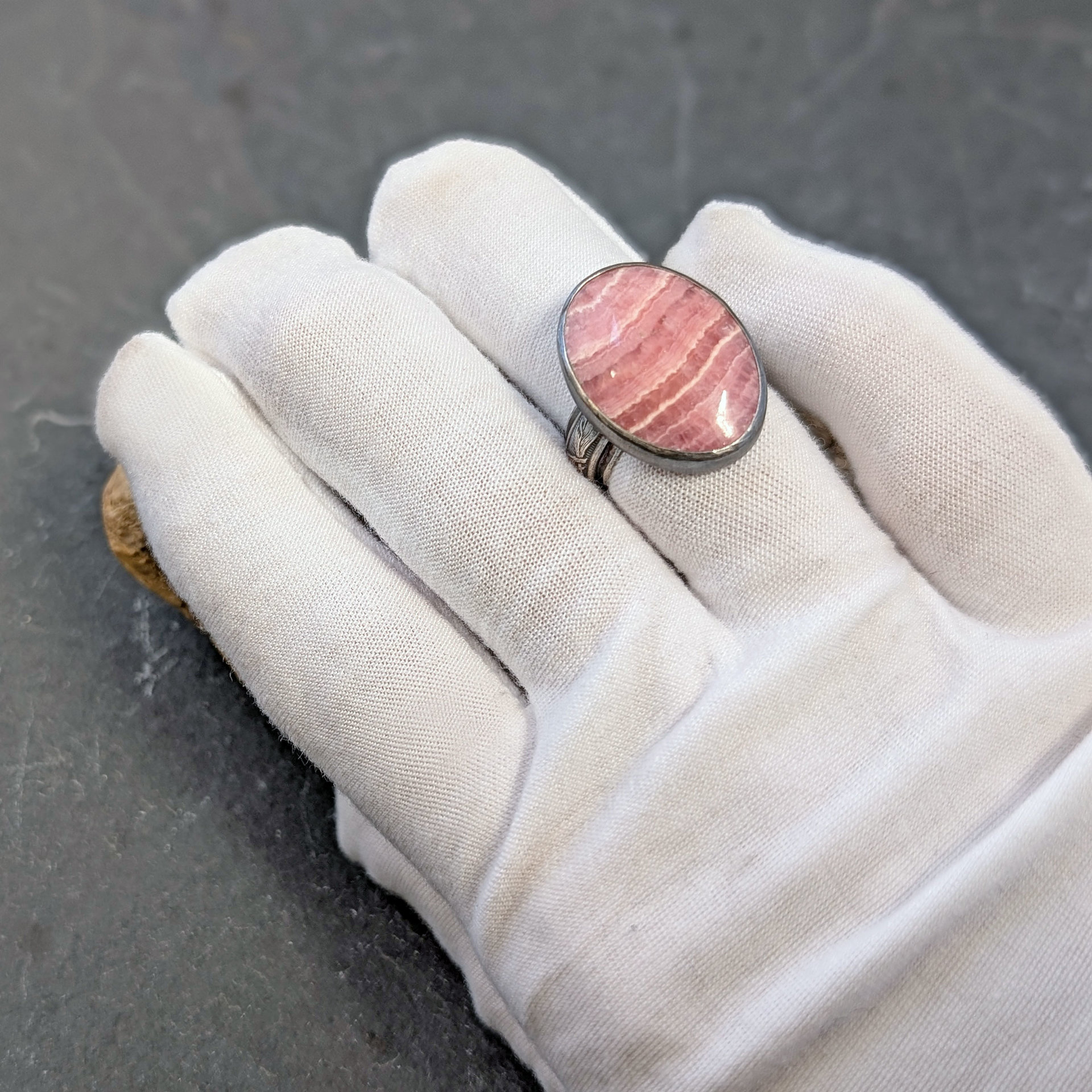 Rhodochrosite Silver Ring, Size 6.75
