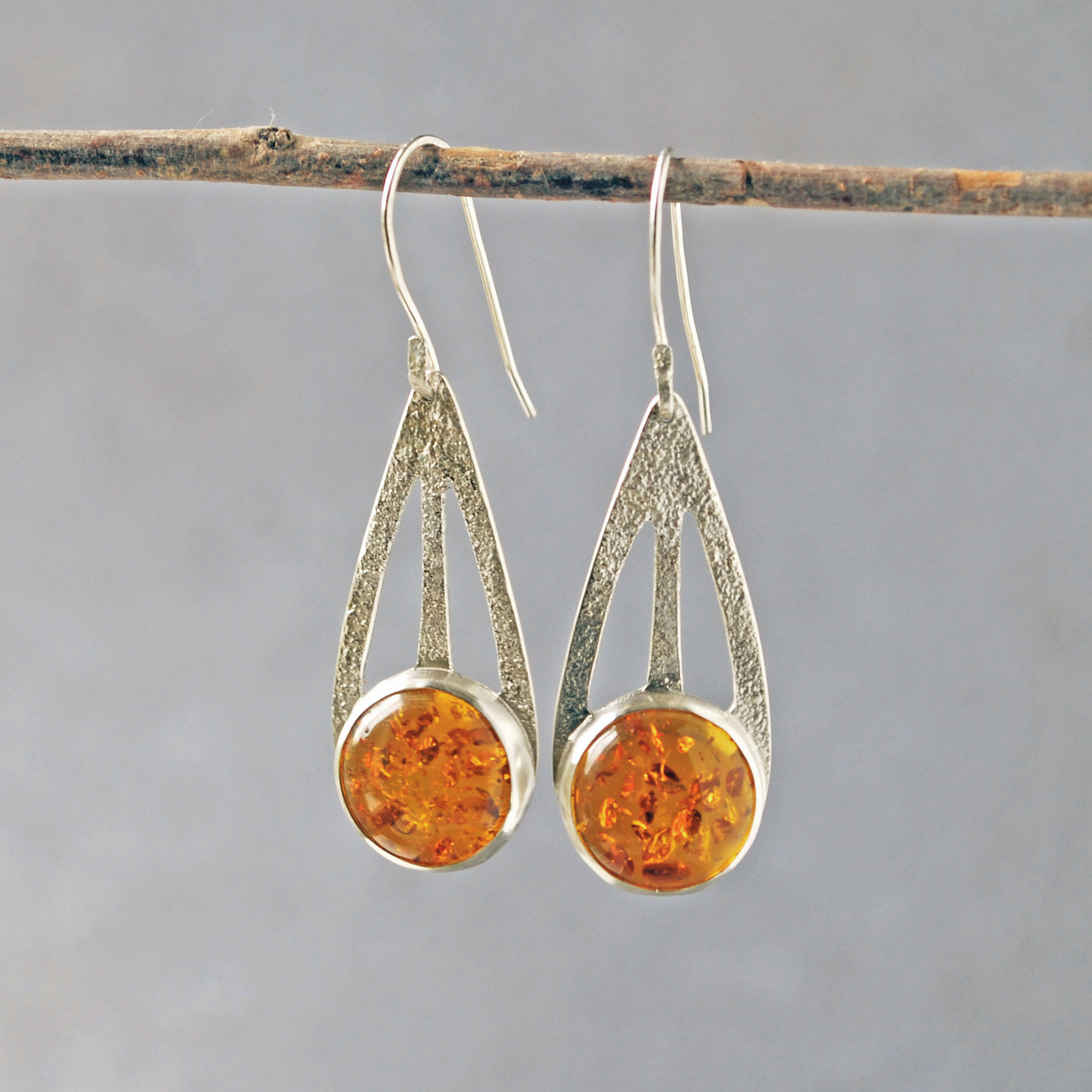 Baltic Amber Silver Drop Earrings hanging