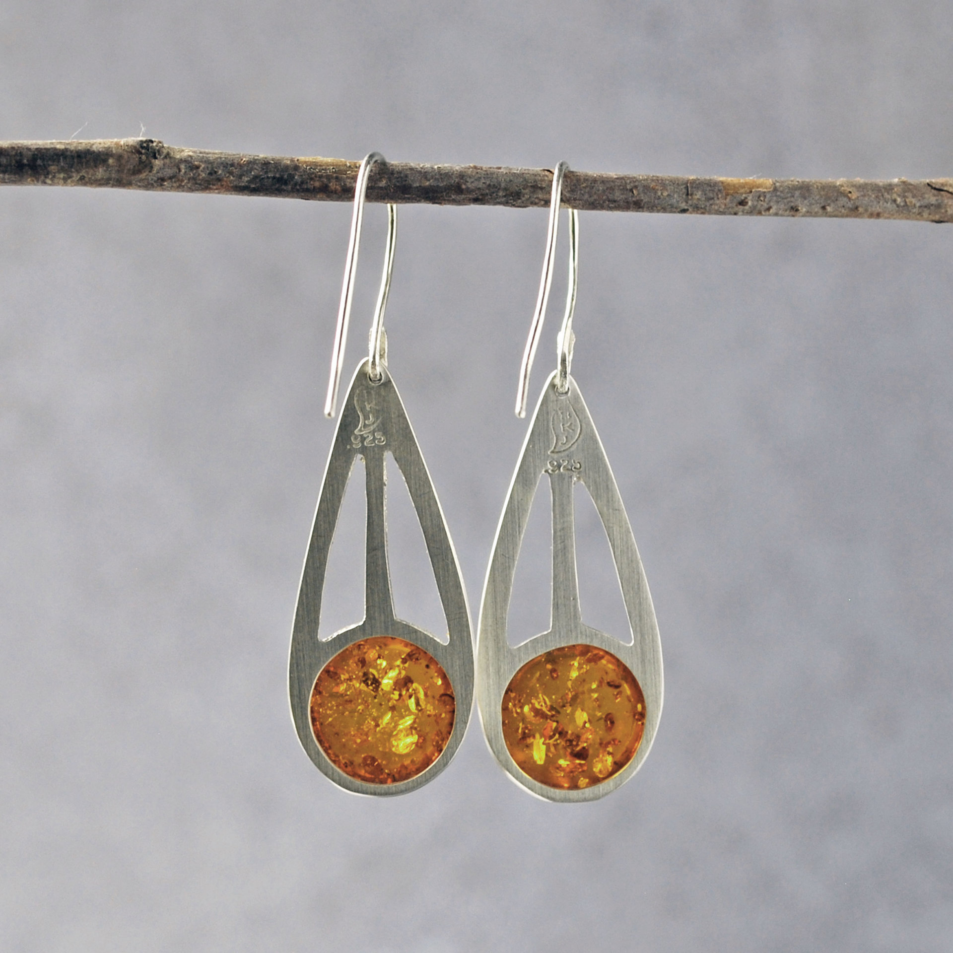 Baltic Amber Silver Drop Earrings hanging back