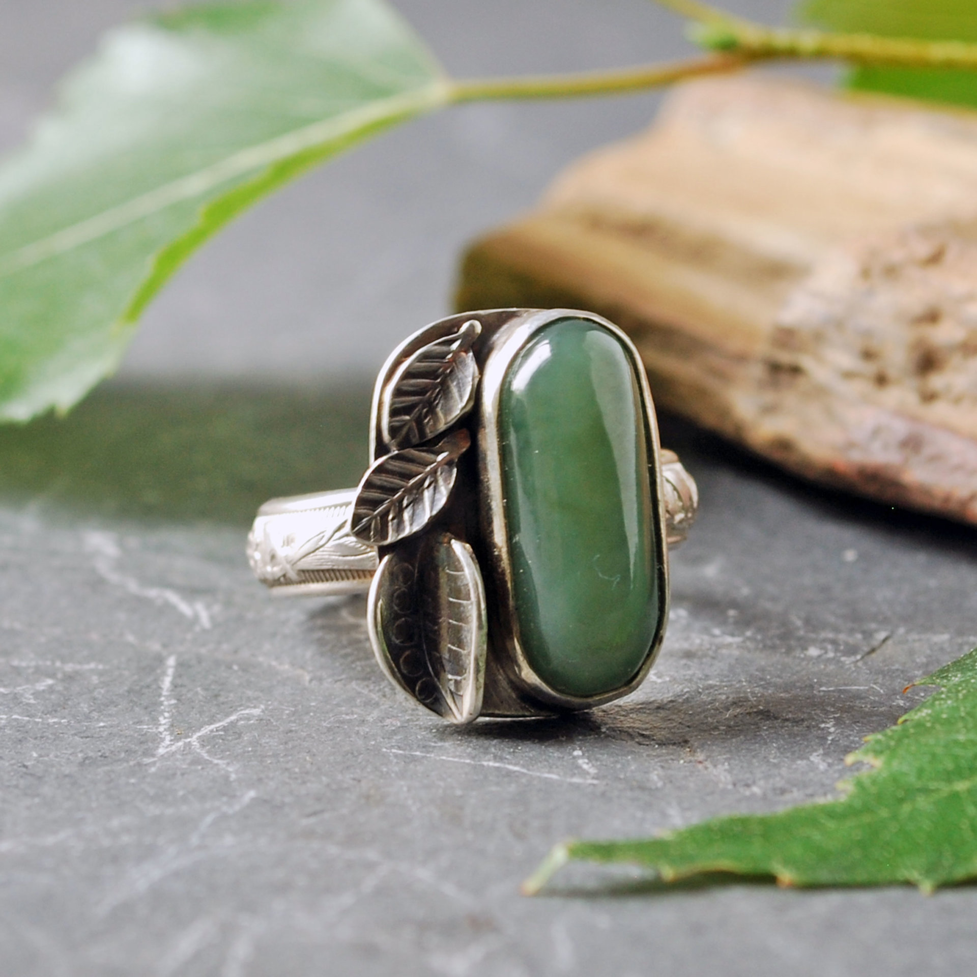 Nephrite Jade Silver ring with leaves, top view