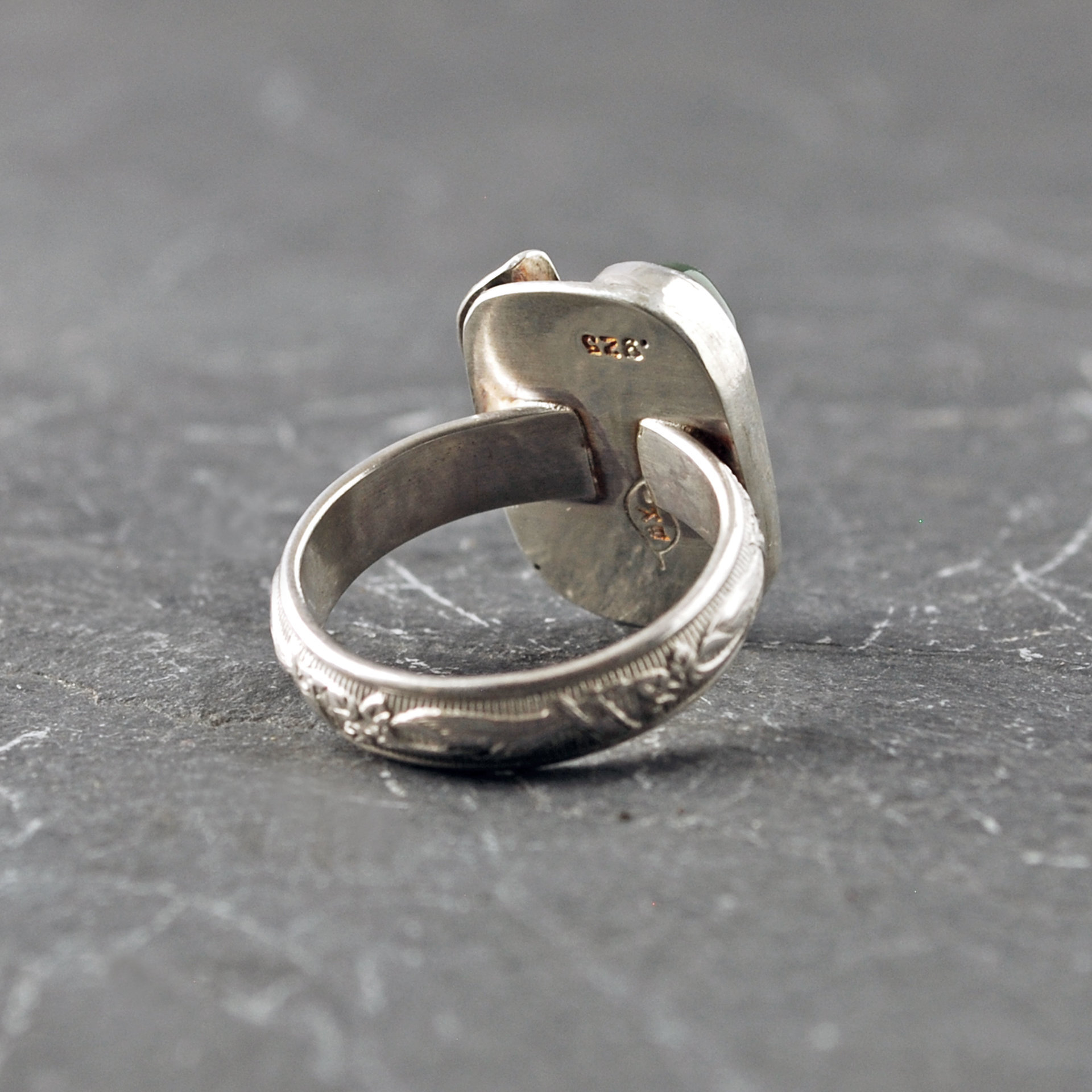 Nephrite Jade Silver ring with leaves, back and inside view