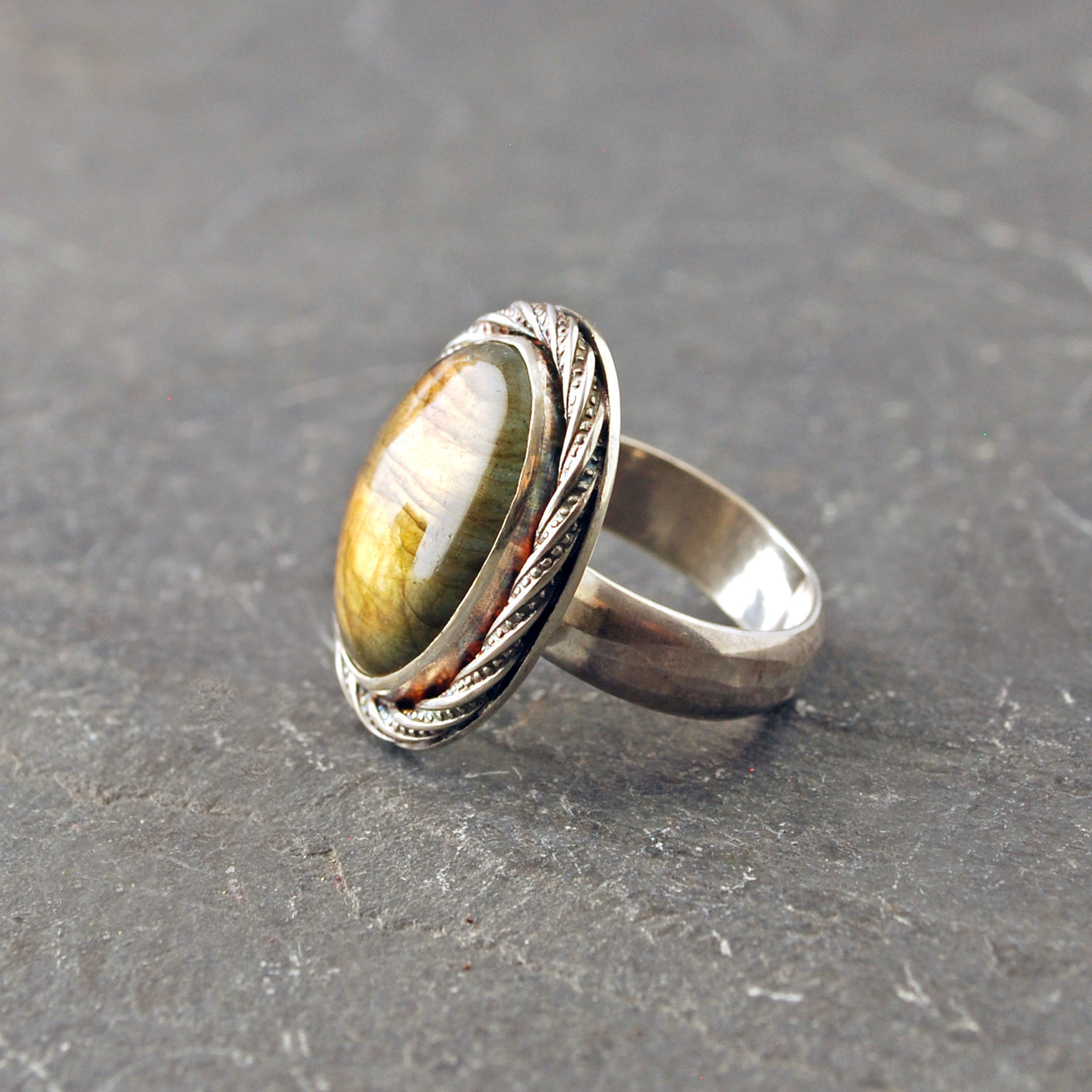 Golden labradorite sterling silver ring side view