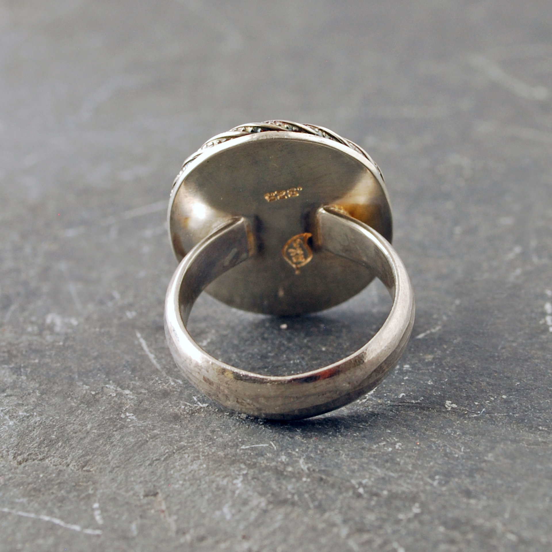 Golden labradorite sterling silver ring, back and inside view
