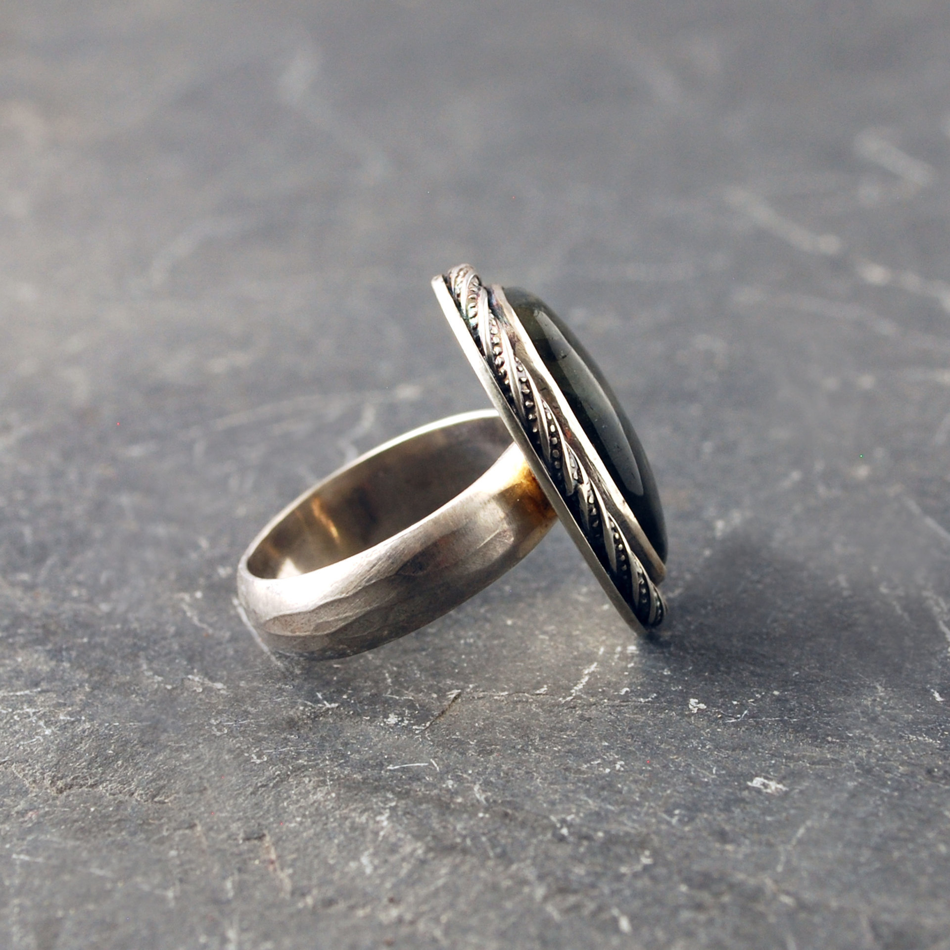 Golden labradorite sterling silver ring, side view
