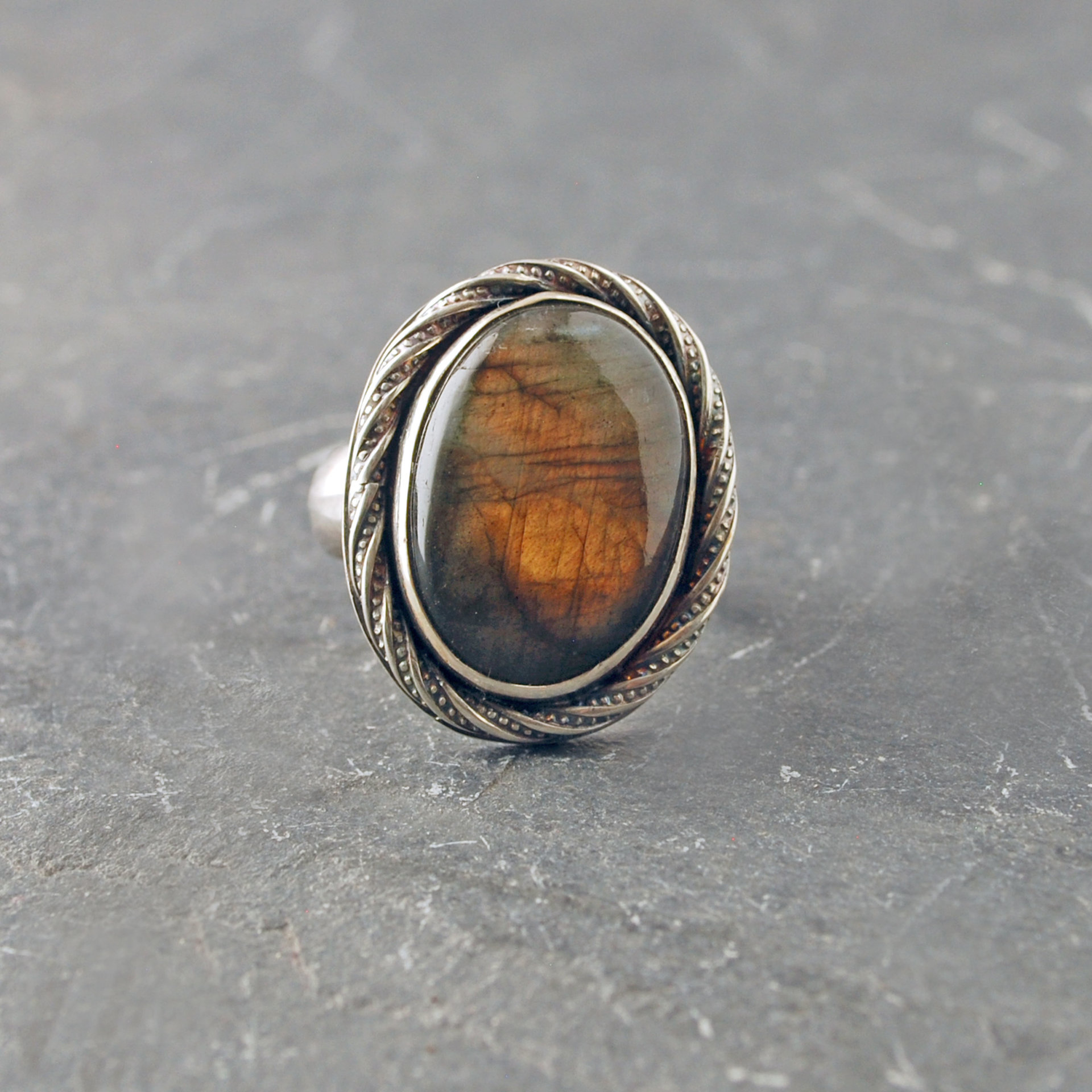Golden labradorite sterling silver ring, straight on view of the top