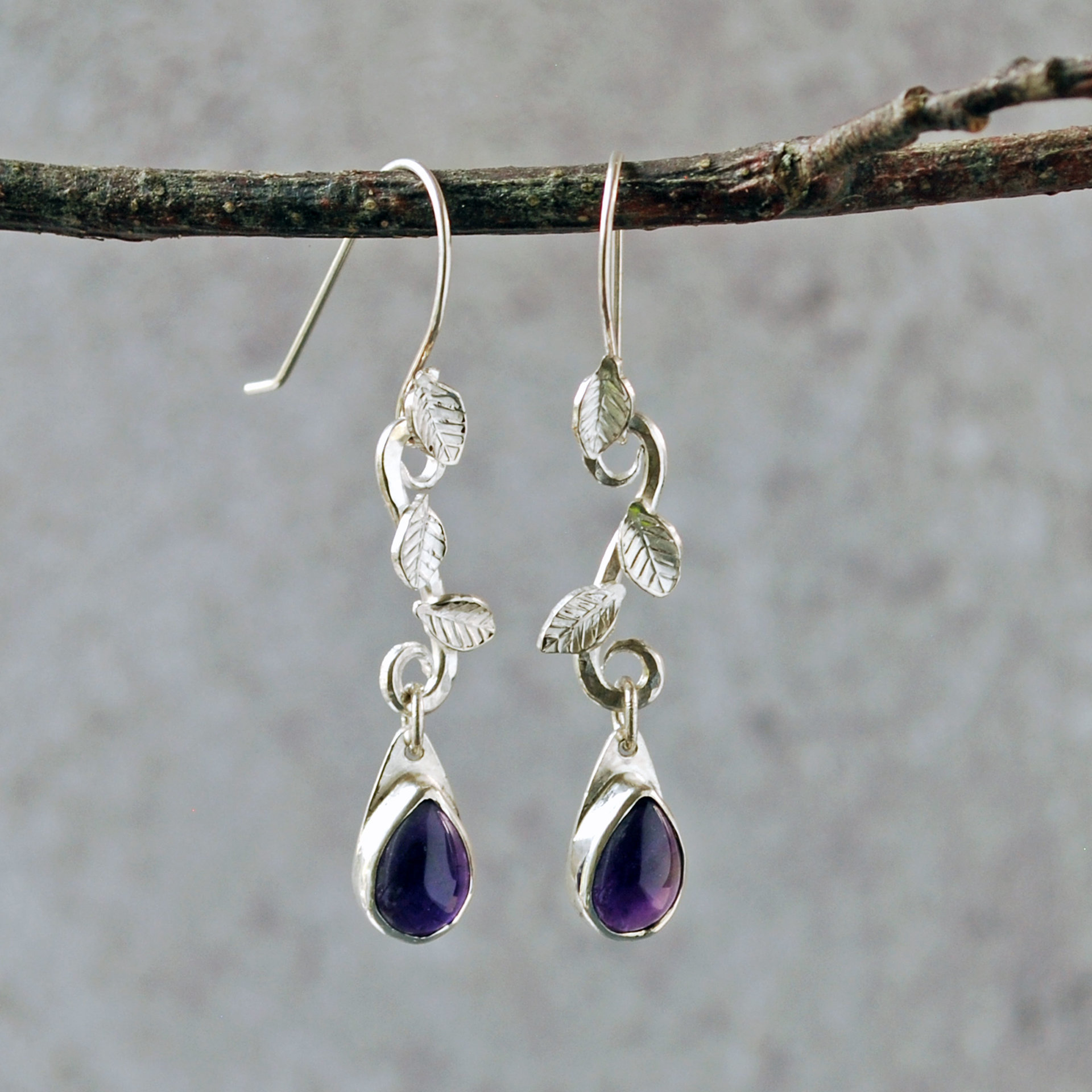 Amethyst Drop Earrings with Silver Leaves, hanging front view