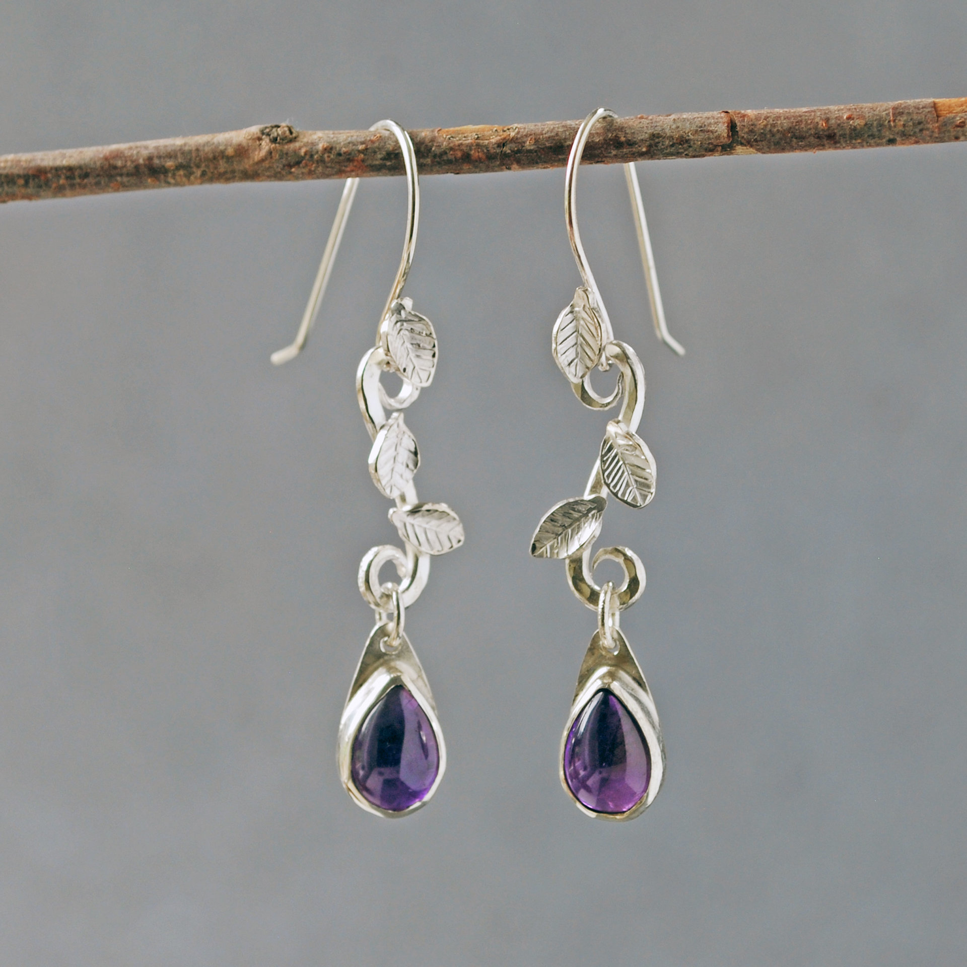 Amethyst Drop Earrings with Silver Leaves, hanging front view
