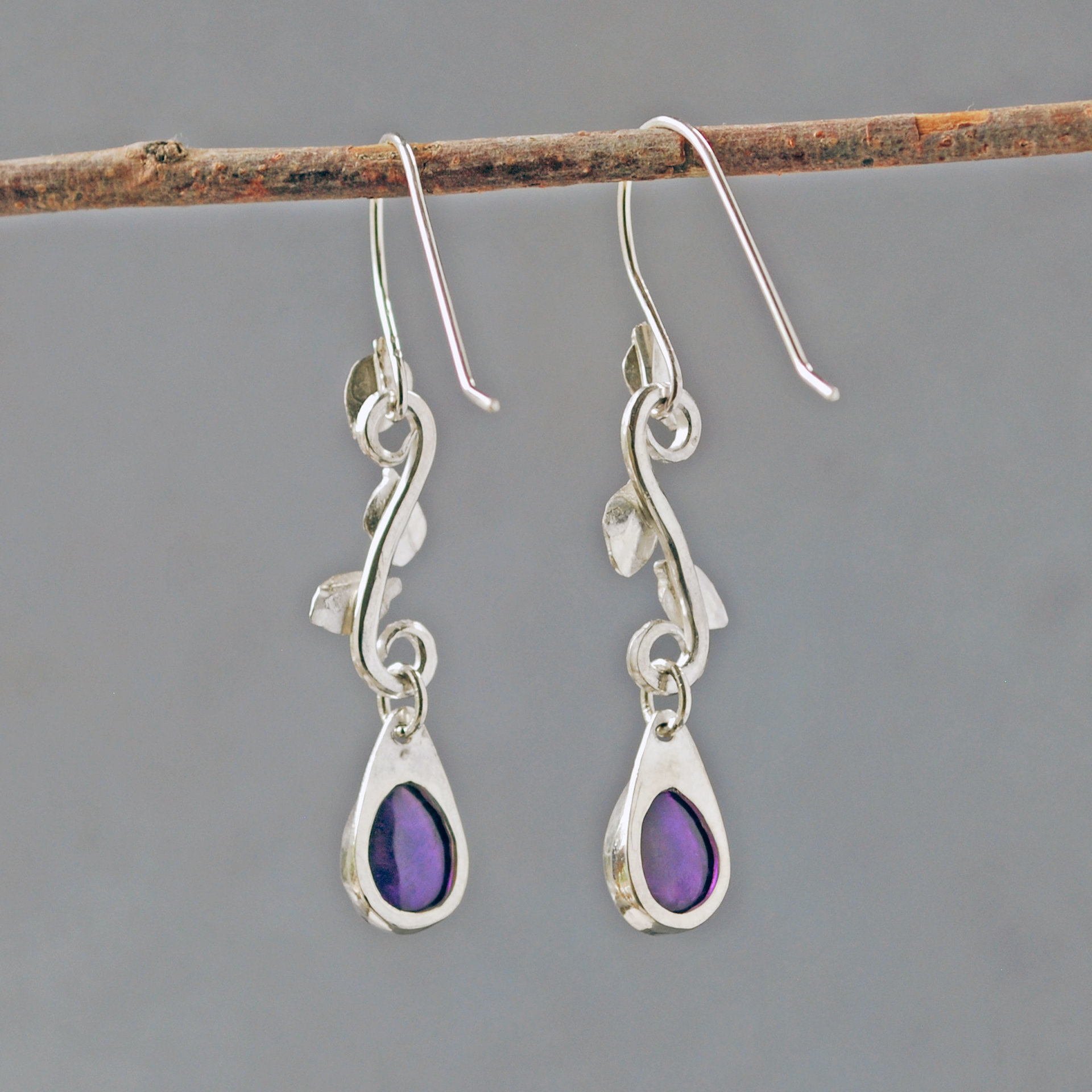 Amethyst Drop Earrings with Silver Leaves, hanging back view
