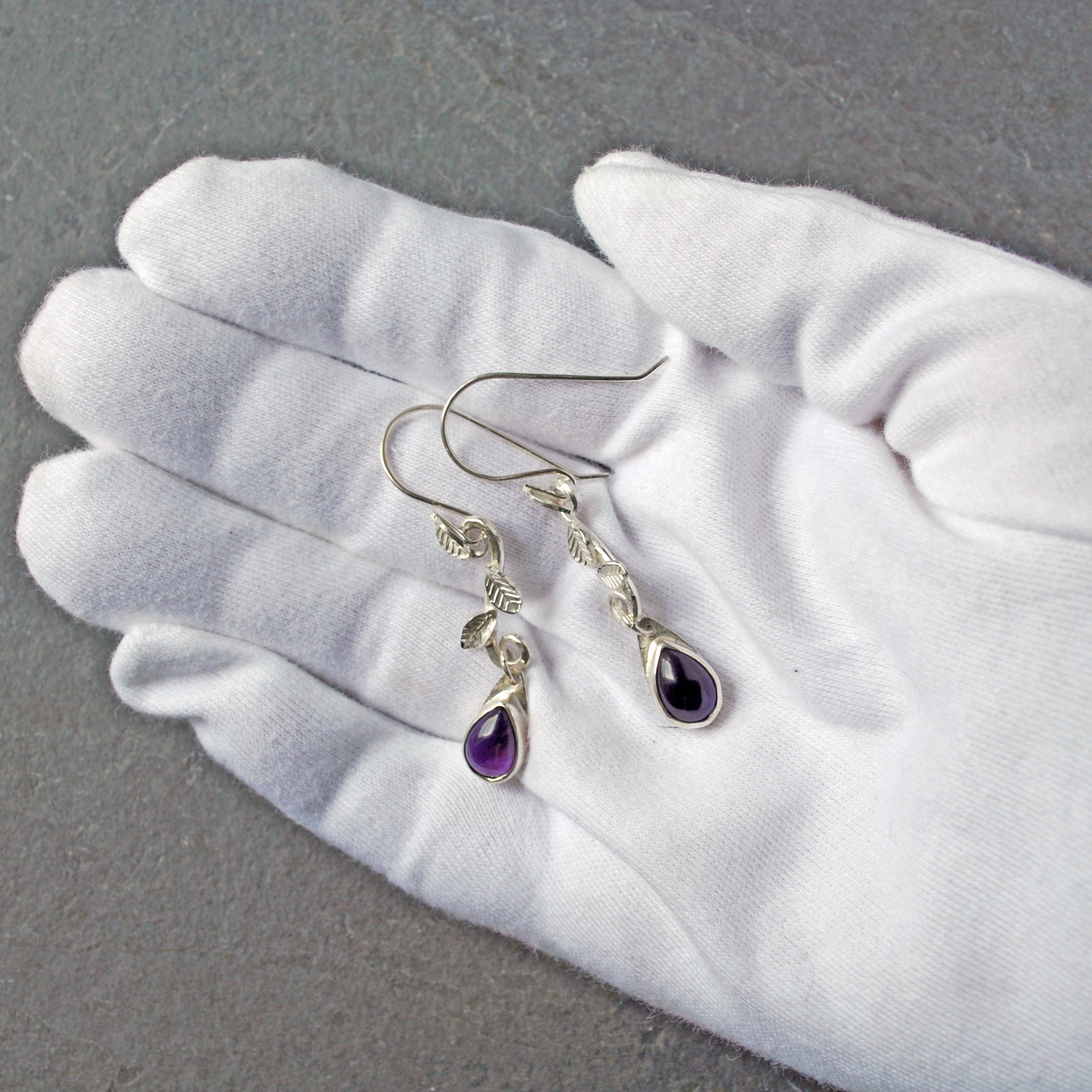 Amethyst Drop Earrings with Silver Leaves, in hand