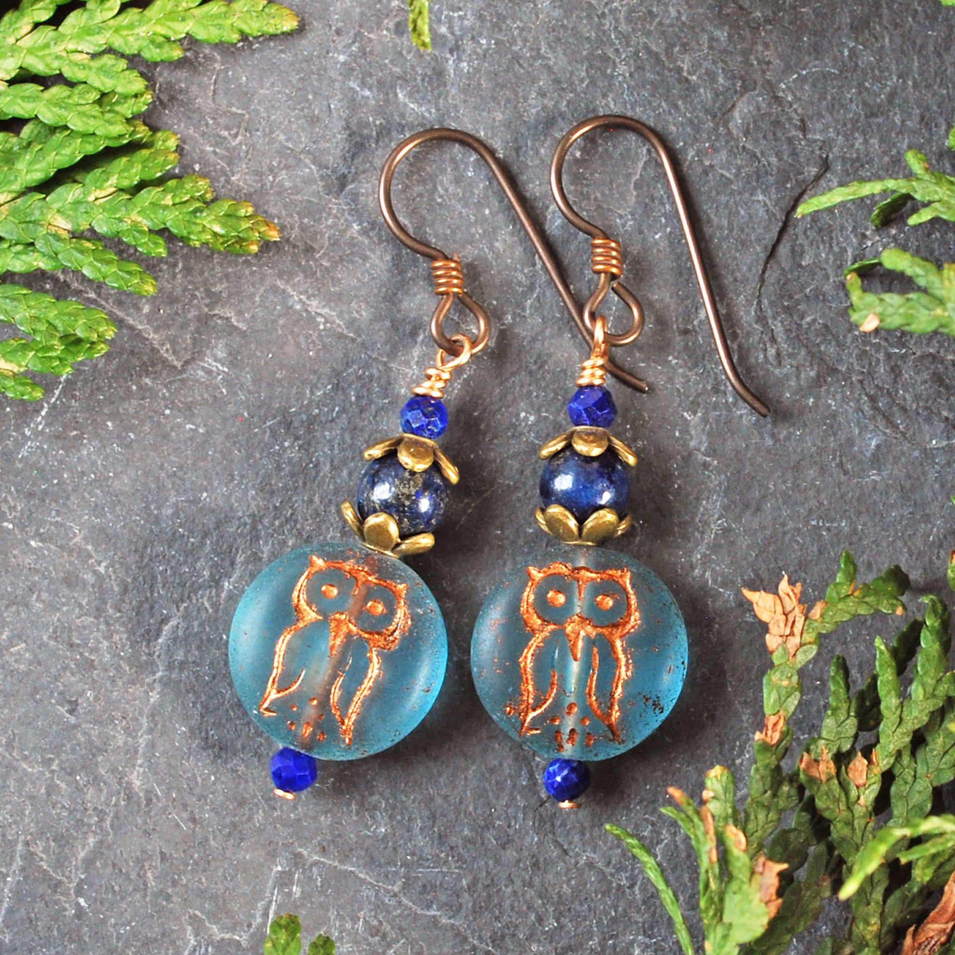 Blue Czech Glass Owl Earrings with Lapis Lazuli