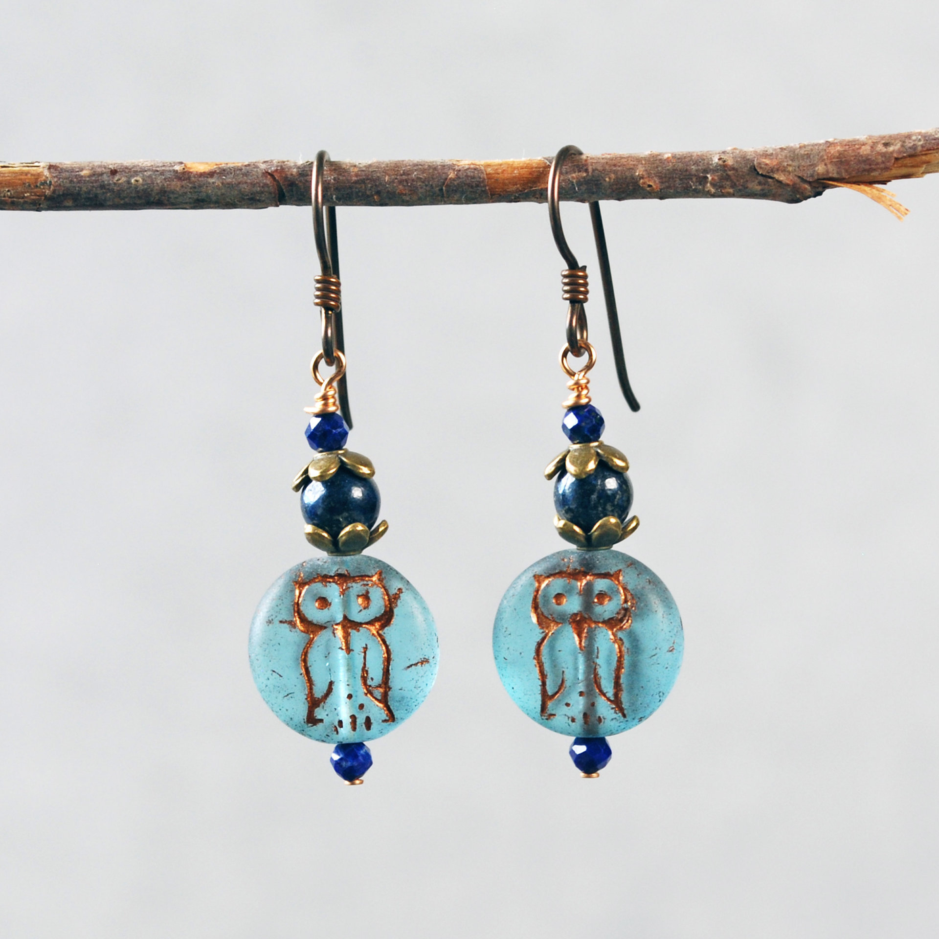 Blue Czech Glass Owl Earrings with Lapis Lazuli