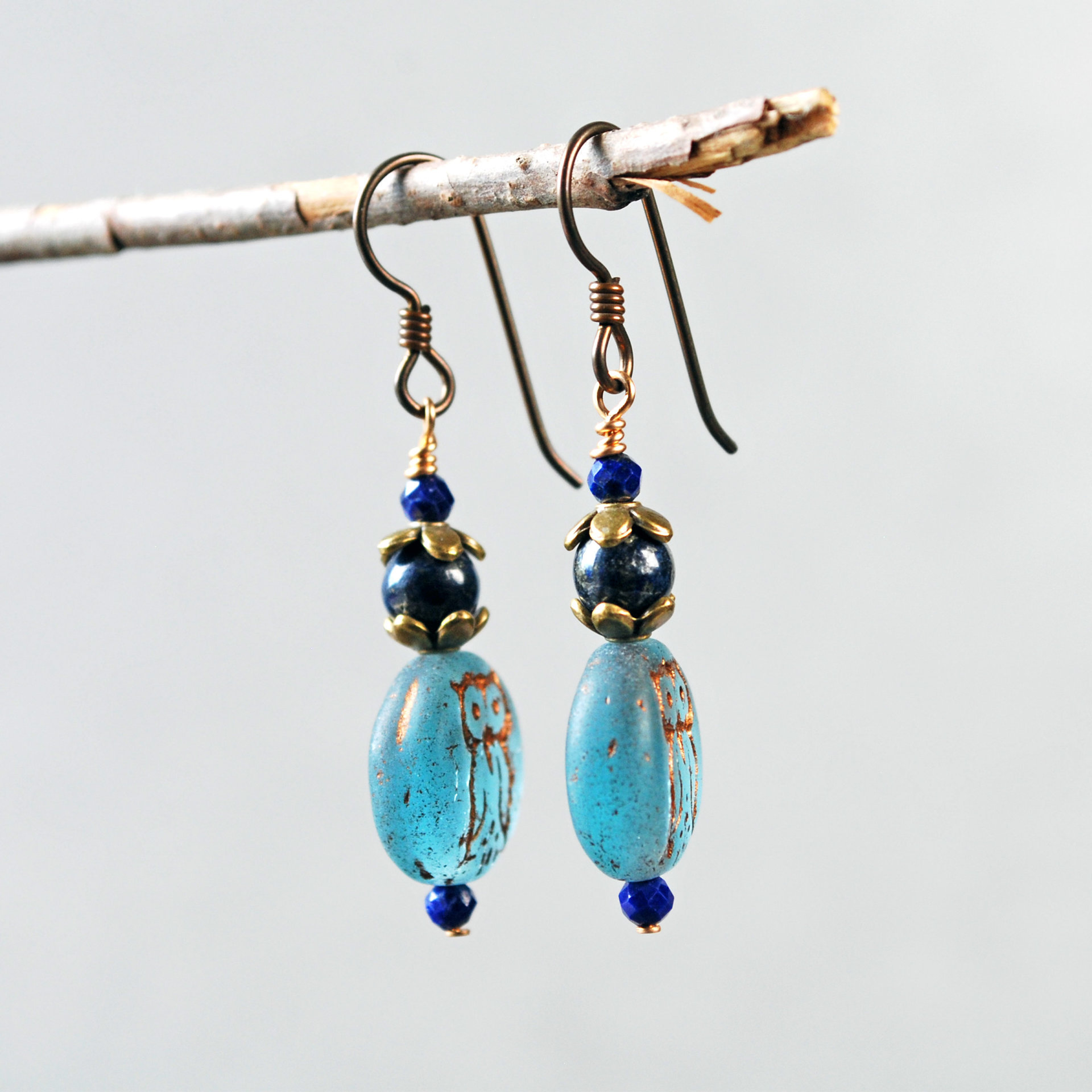 Blue Czech Glass Owl Earrings with Lapis Lazuli
