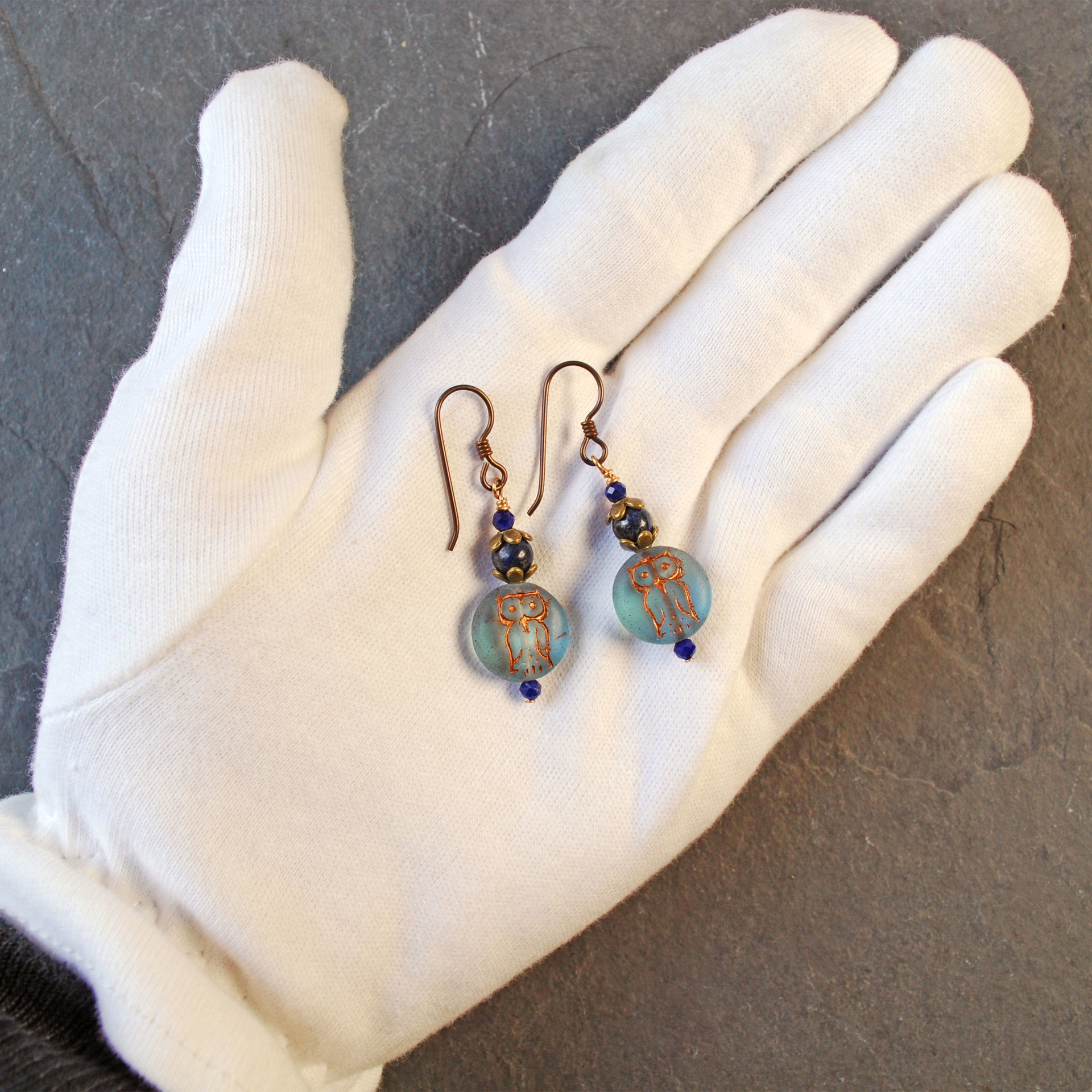 Blue Czech Glass Owl Earrings with Lapis Lazuli