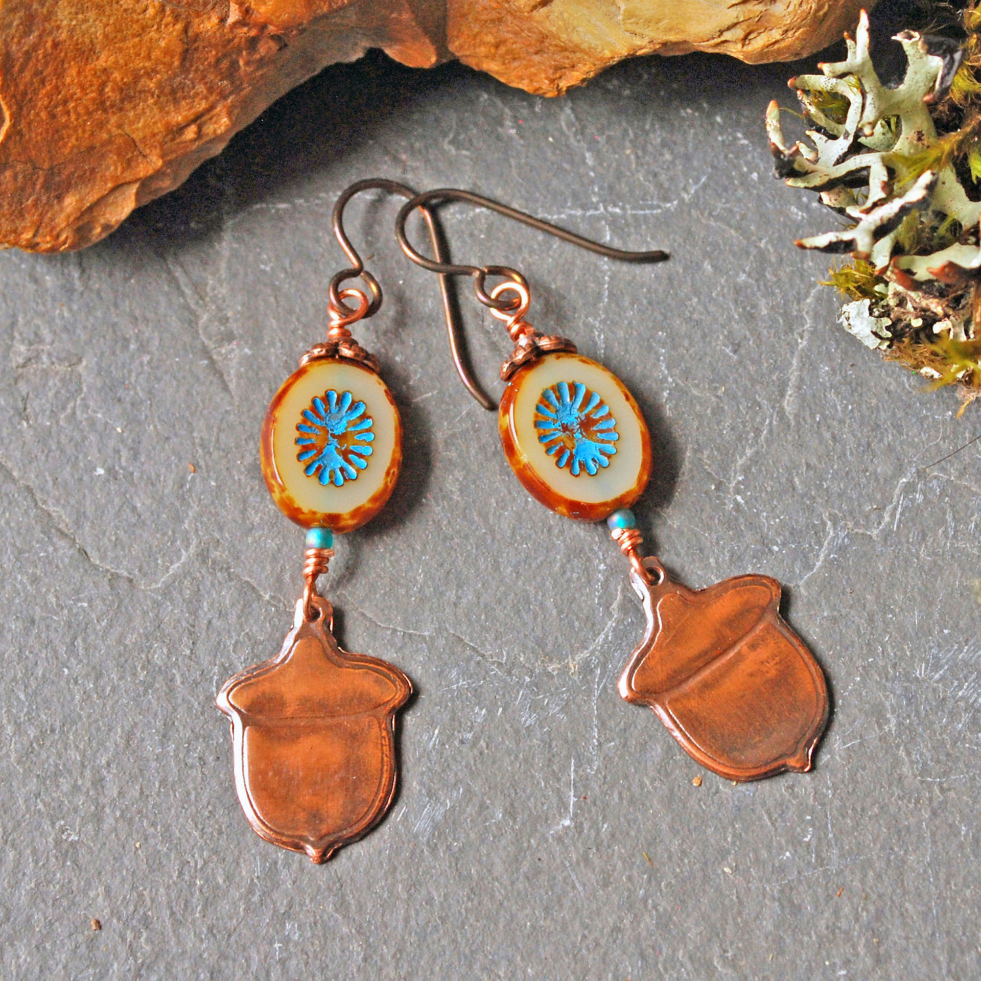 Impressed Copper Acorn Earrings, Czech Glass