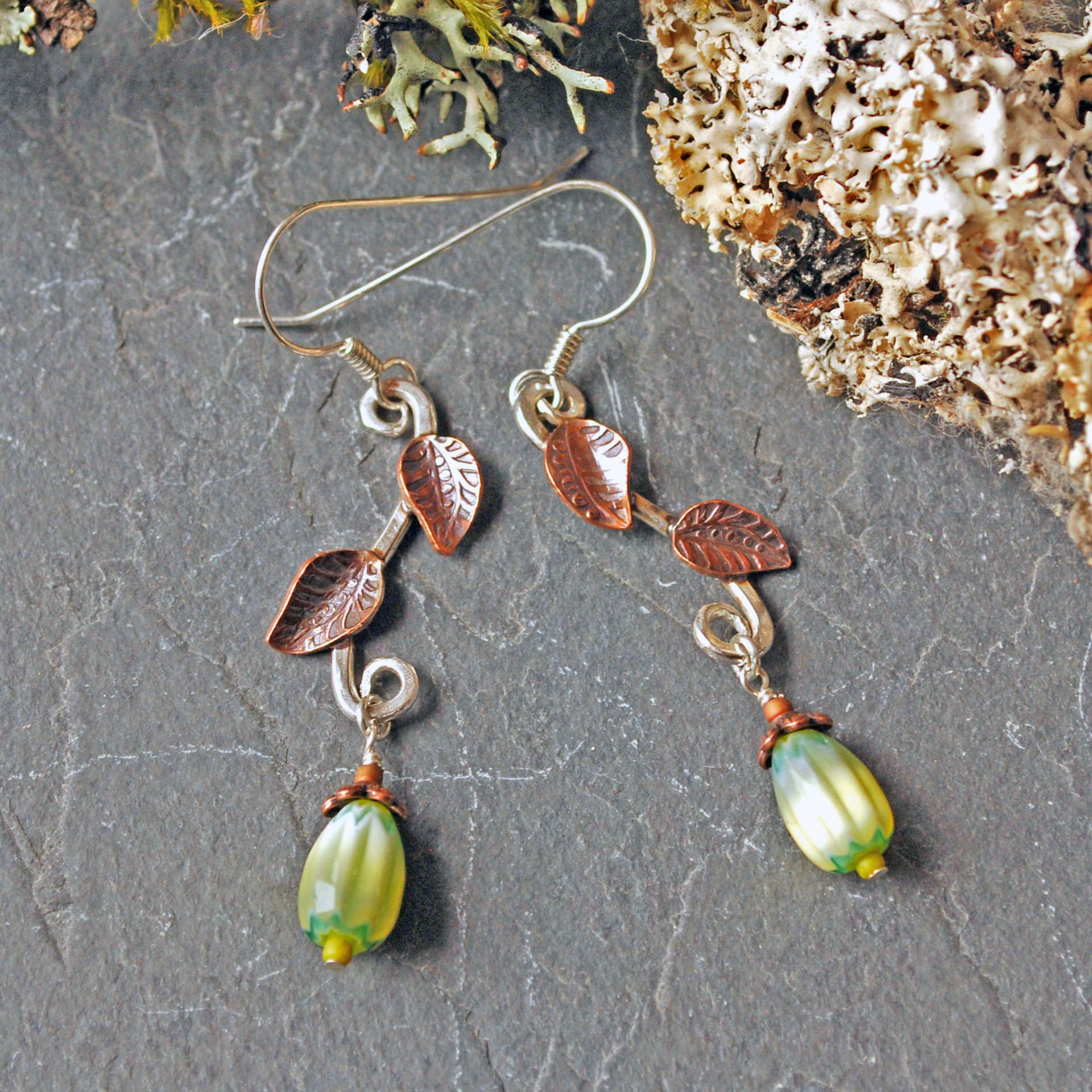 Silver Earrings with Copper Leaves, Czech Glass Drops