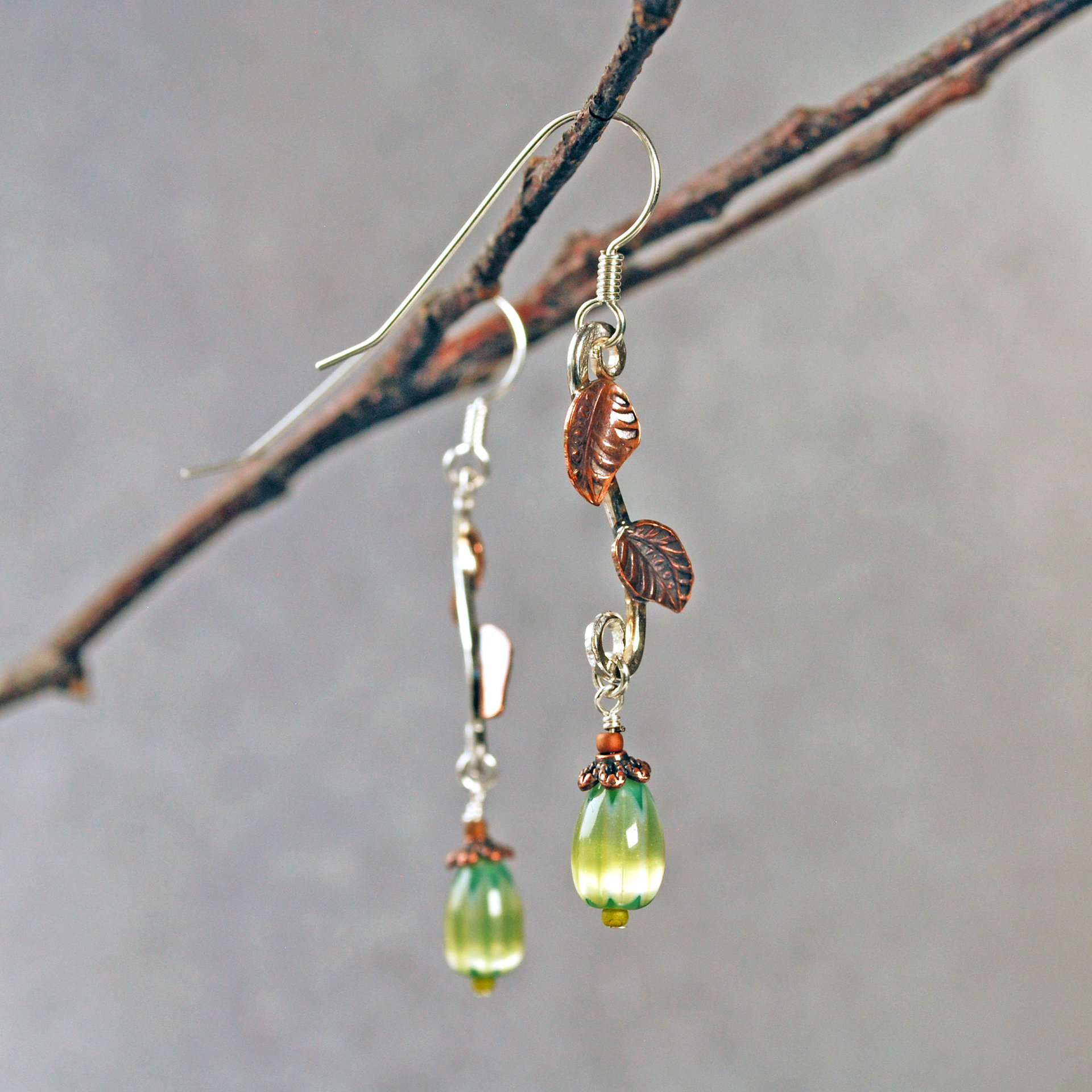 Silver Earrings with Copper Leaves, Czech Glass Drops