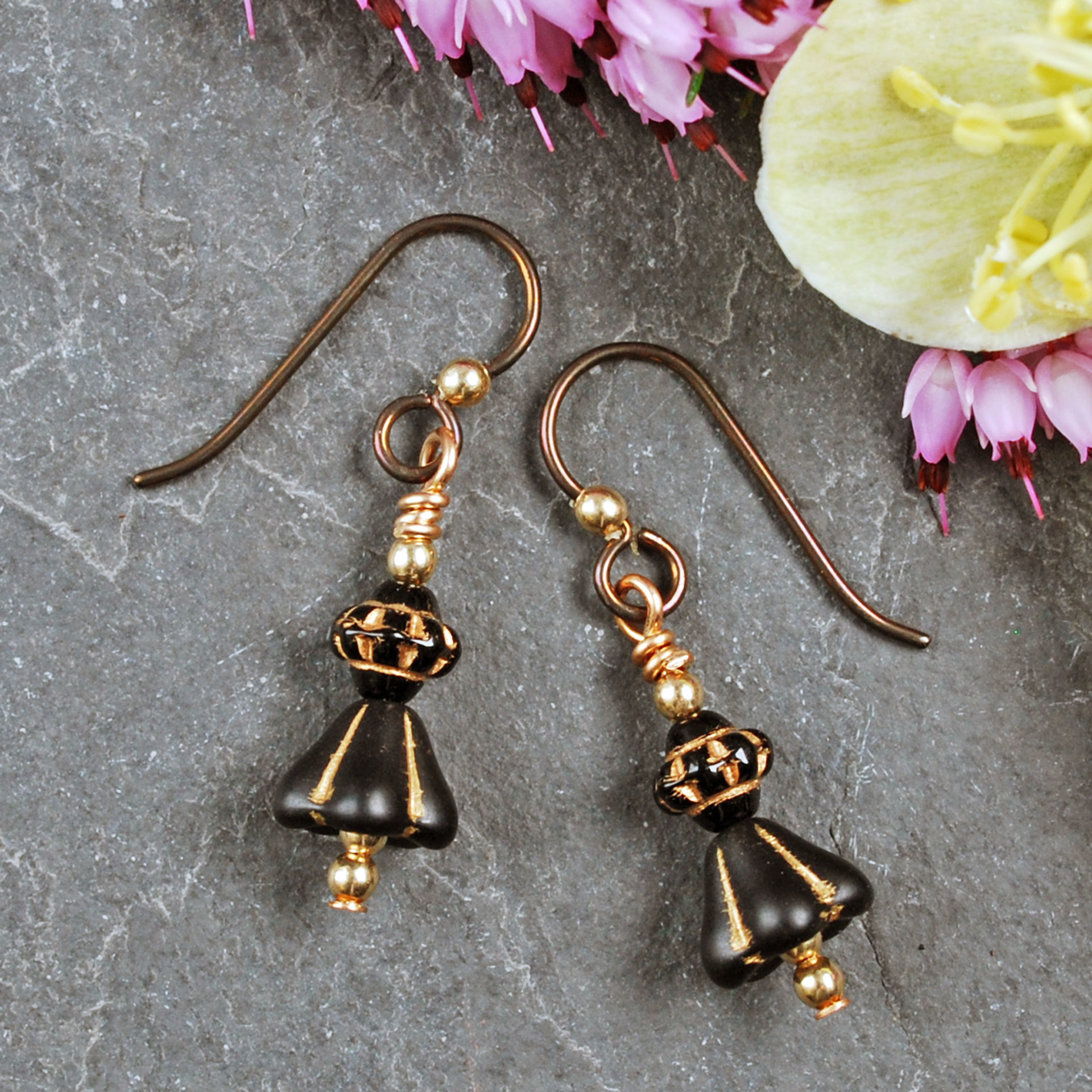 Czech Glass Earrings, Black and Gold