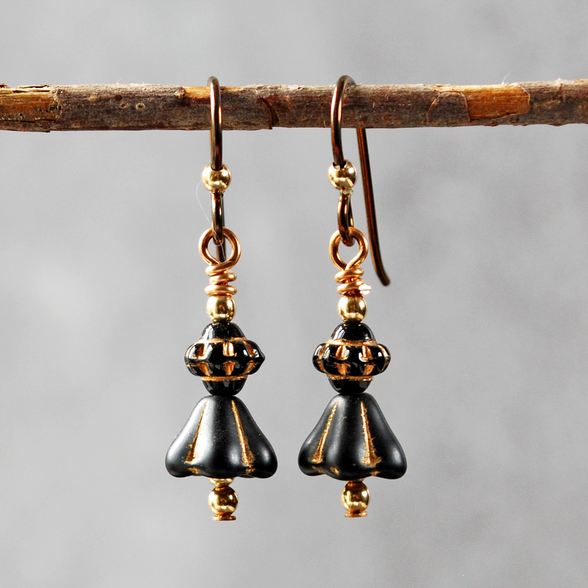 Czech Glass Earrings, Black and Gold