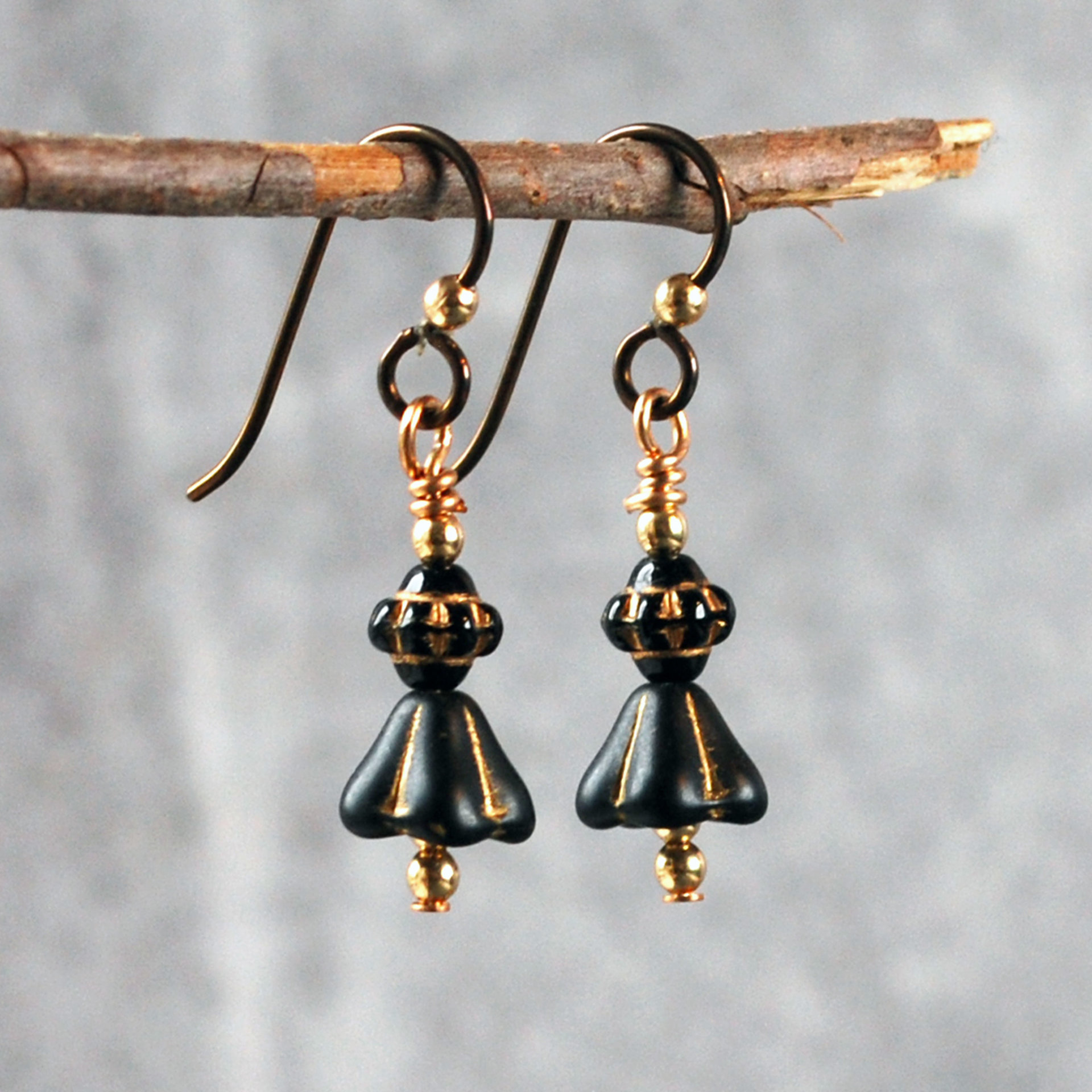 Czech Glass Earrings, Black and Gold