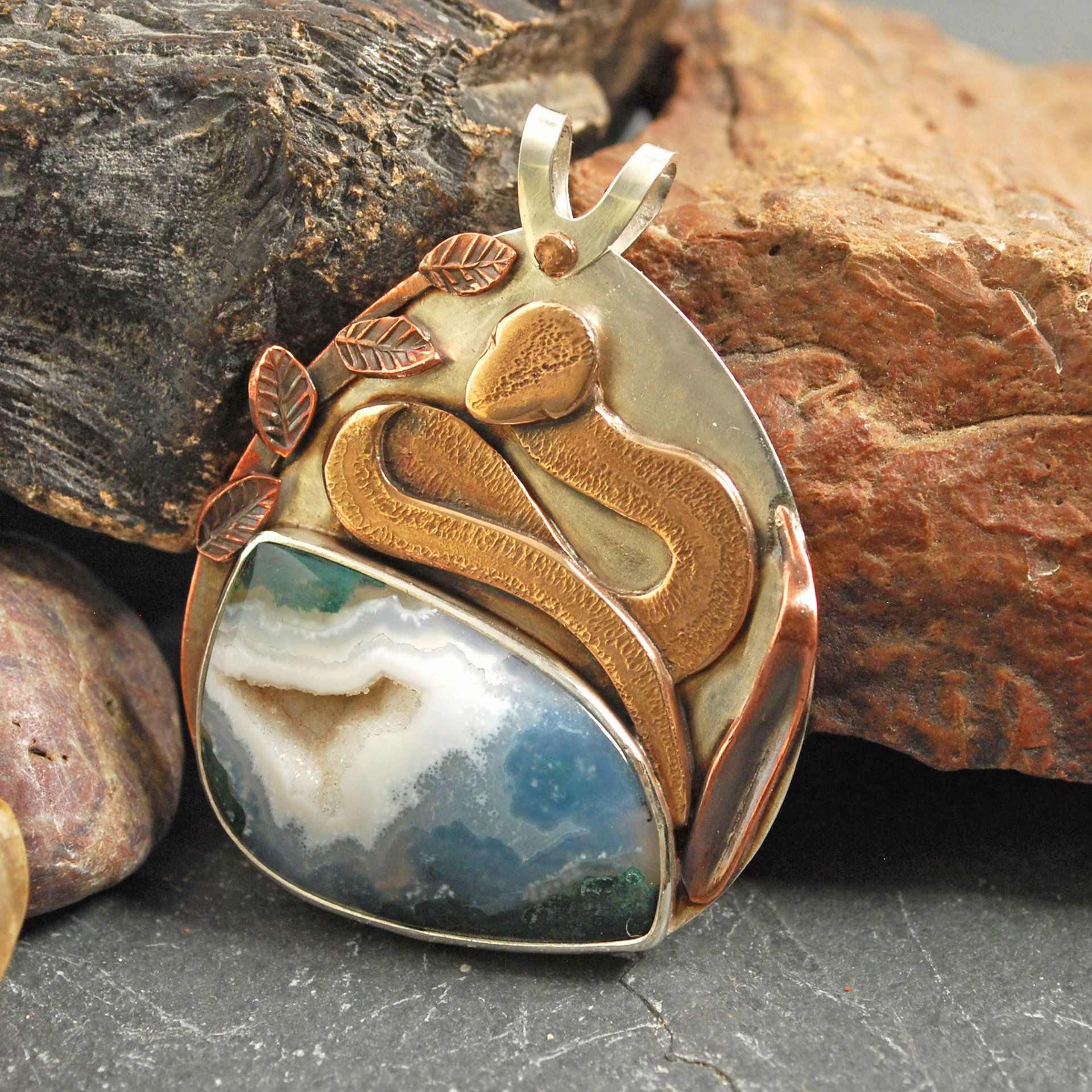 Snake Pendant, Silver with Moss Agate