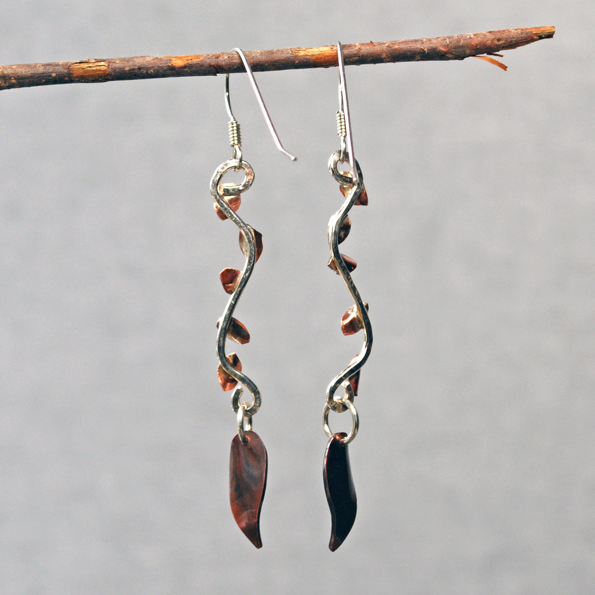 Long Silver Earrings with Copper Leaves