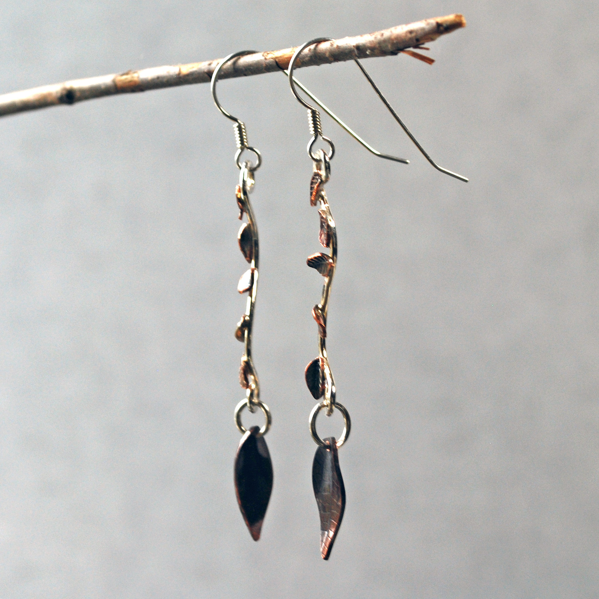 Long Silver Earrings with Copper Leaves