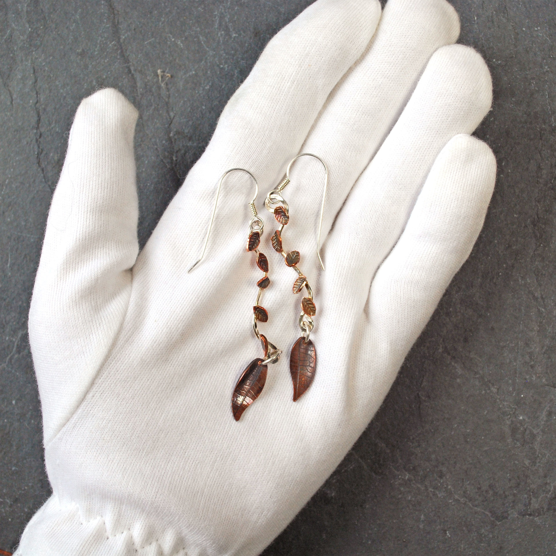 Long Silver Earrings with Copper Leaves