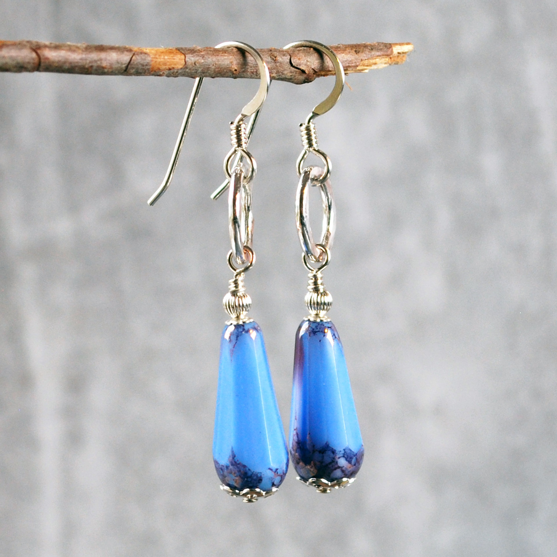 Silver, Blue Czech Glass Drop Earrings