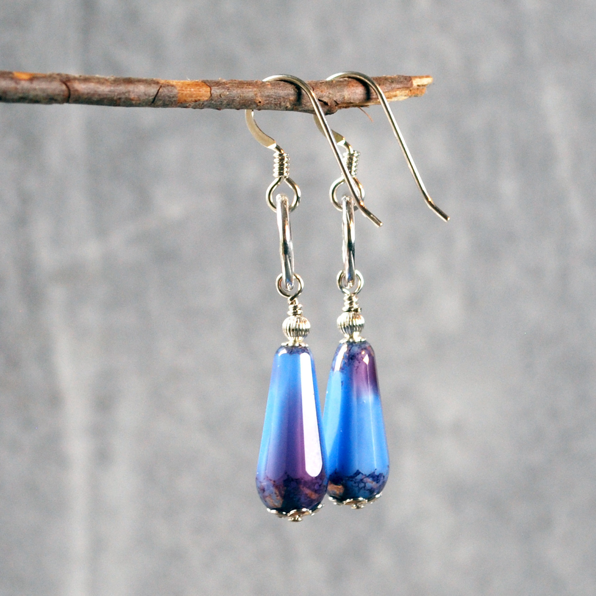 Silver, Blue Czech Glass Drop Earrings