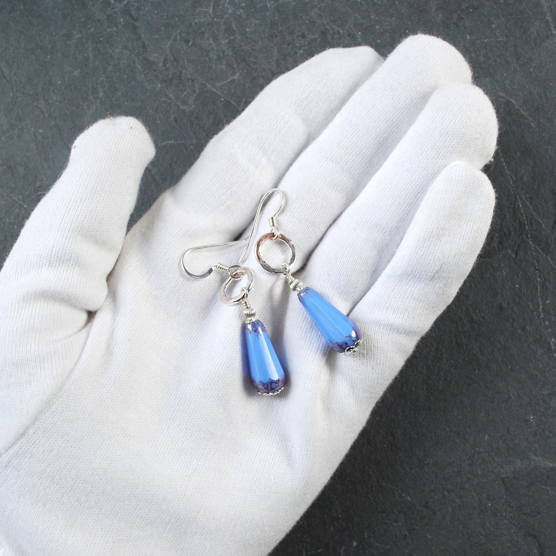 Silver, Blue Czech Glass Drop Earrings
