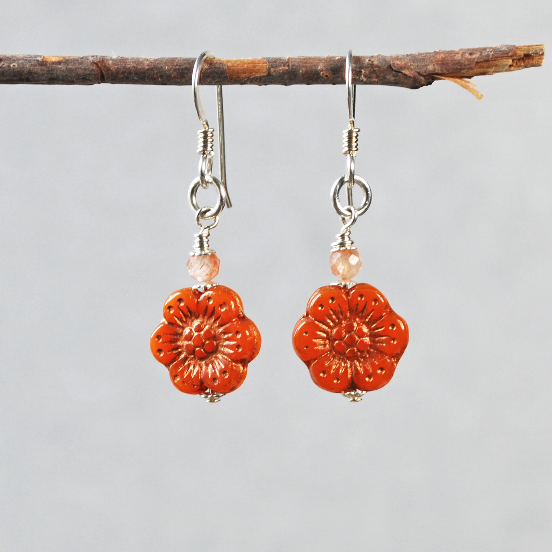 Orange Czech Glass Flower Earrings, Sterling Silver