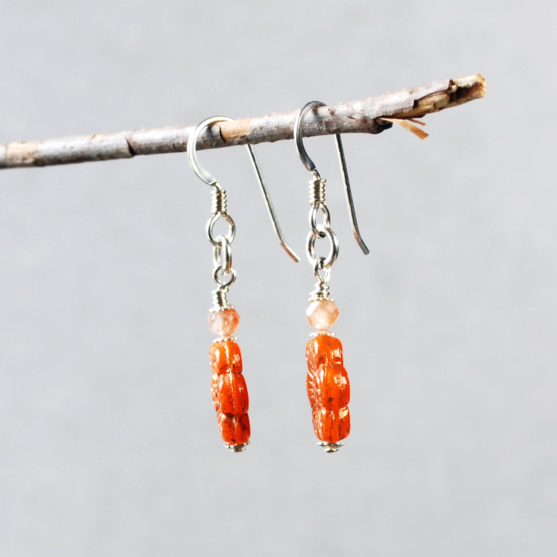 Orange Czech Glass Flower Earrings, Sterling Silver