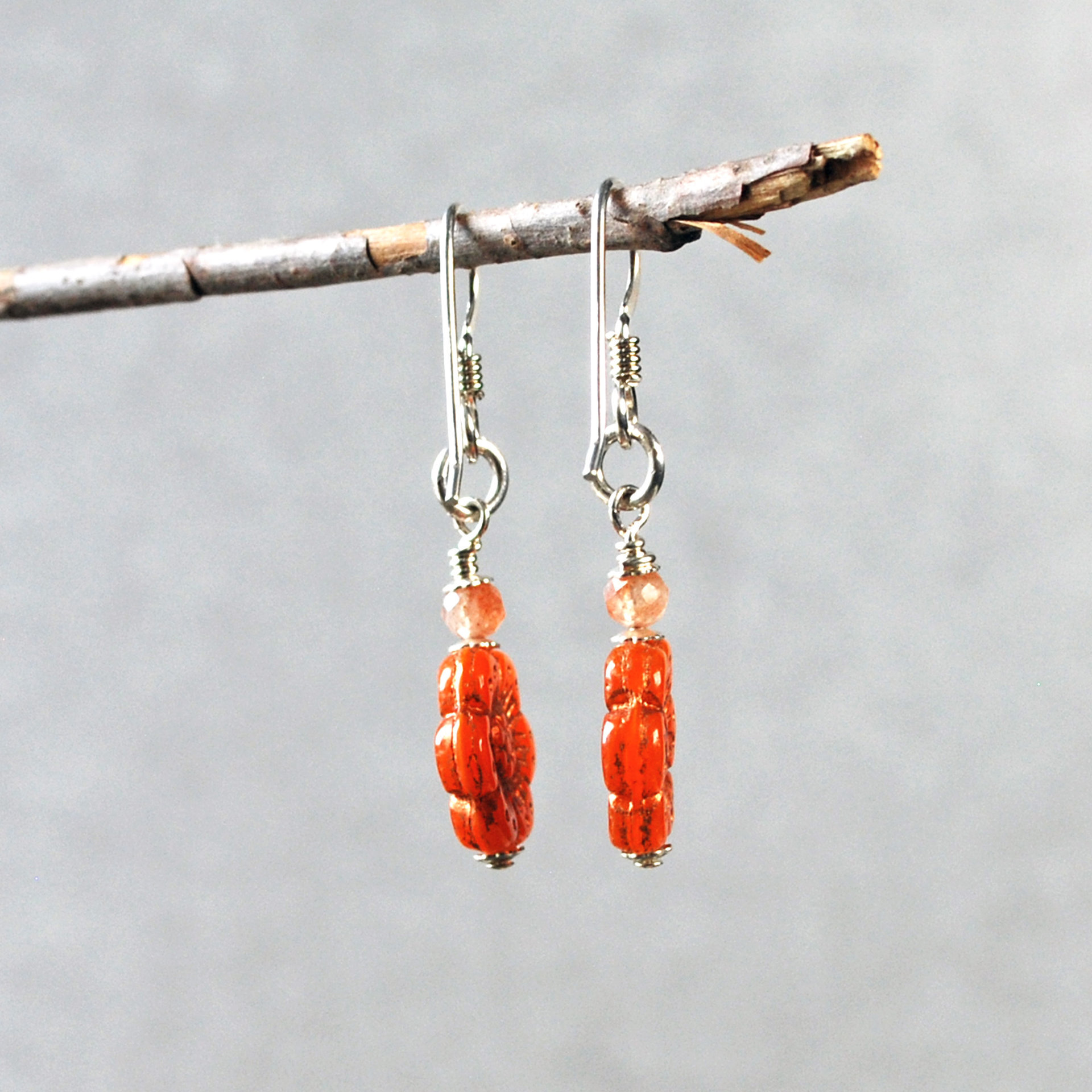 Orange Czech Glass Flower Earrings, Sterling Silver