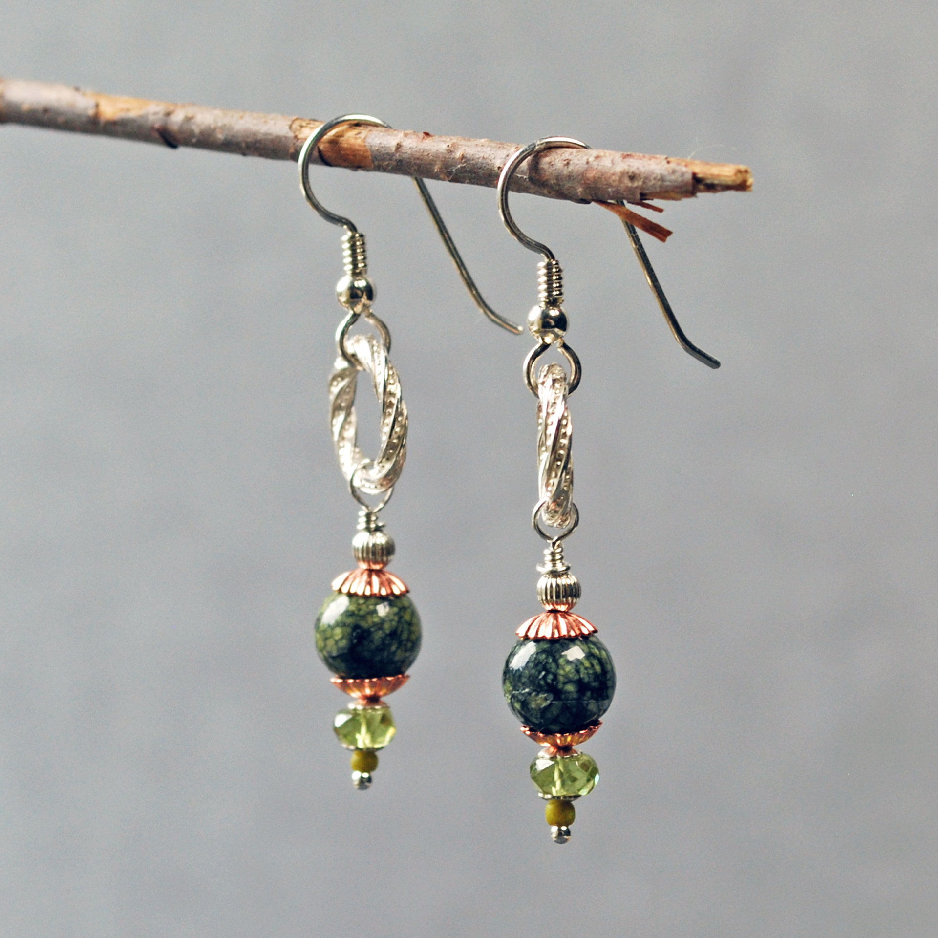 Silver, Serpentine and Peridot Earrings