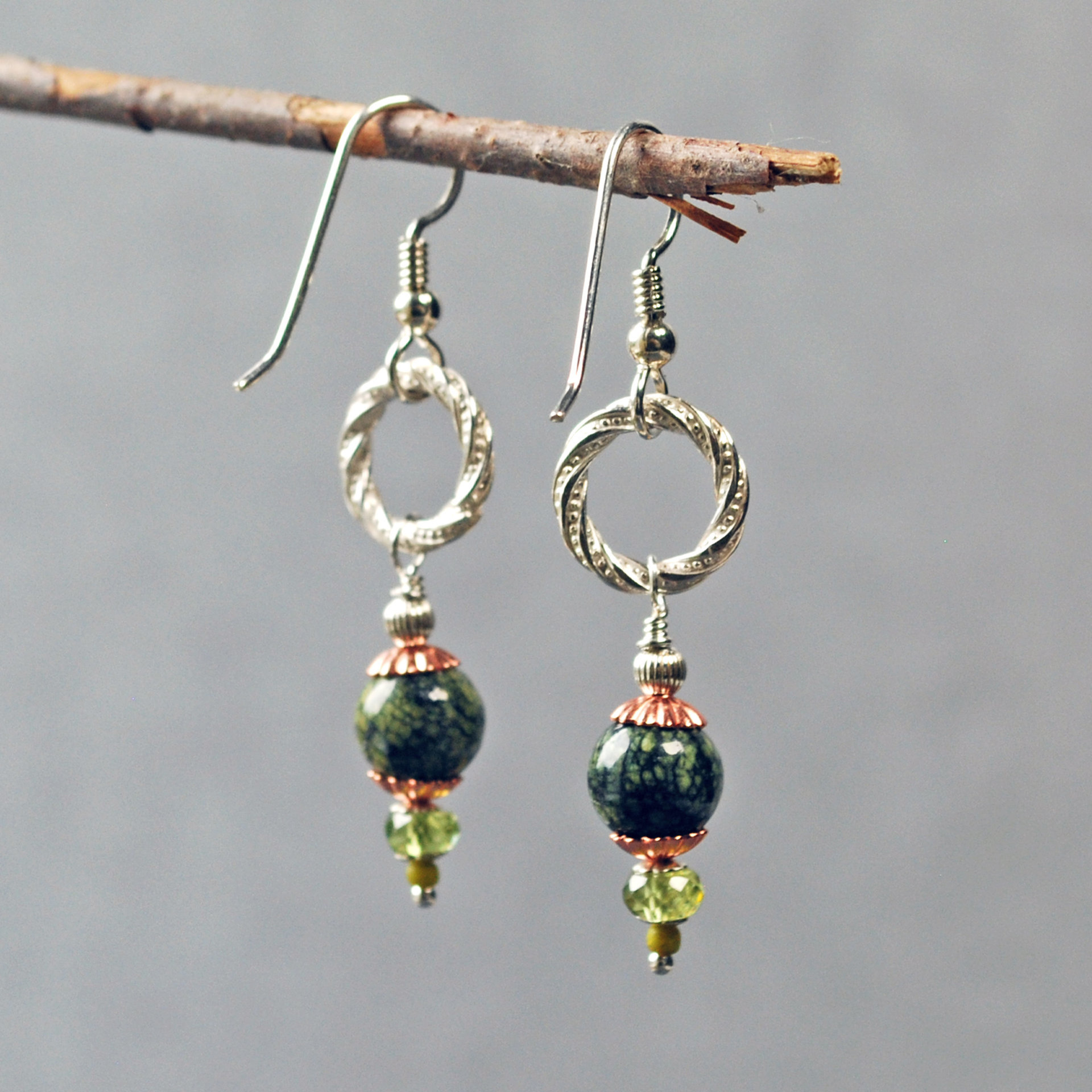 Silver, Serpentine and Peridot Earrings