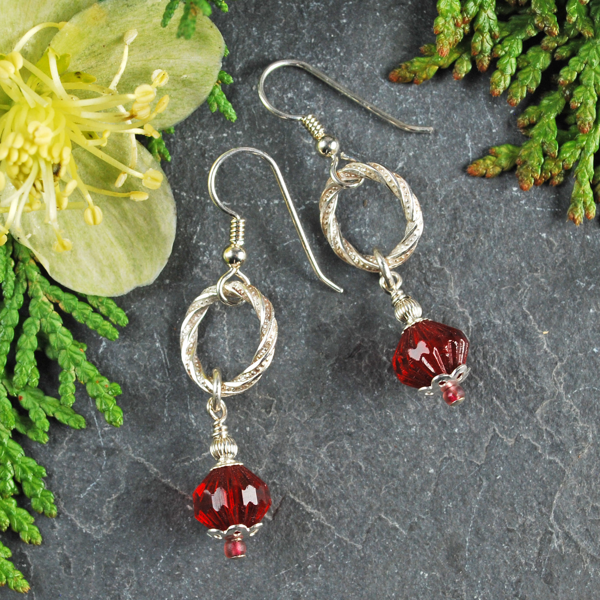 Silver and Red Czech Glass Bead Earrings