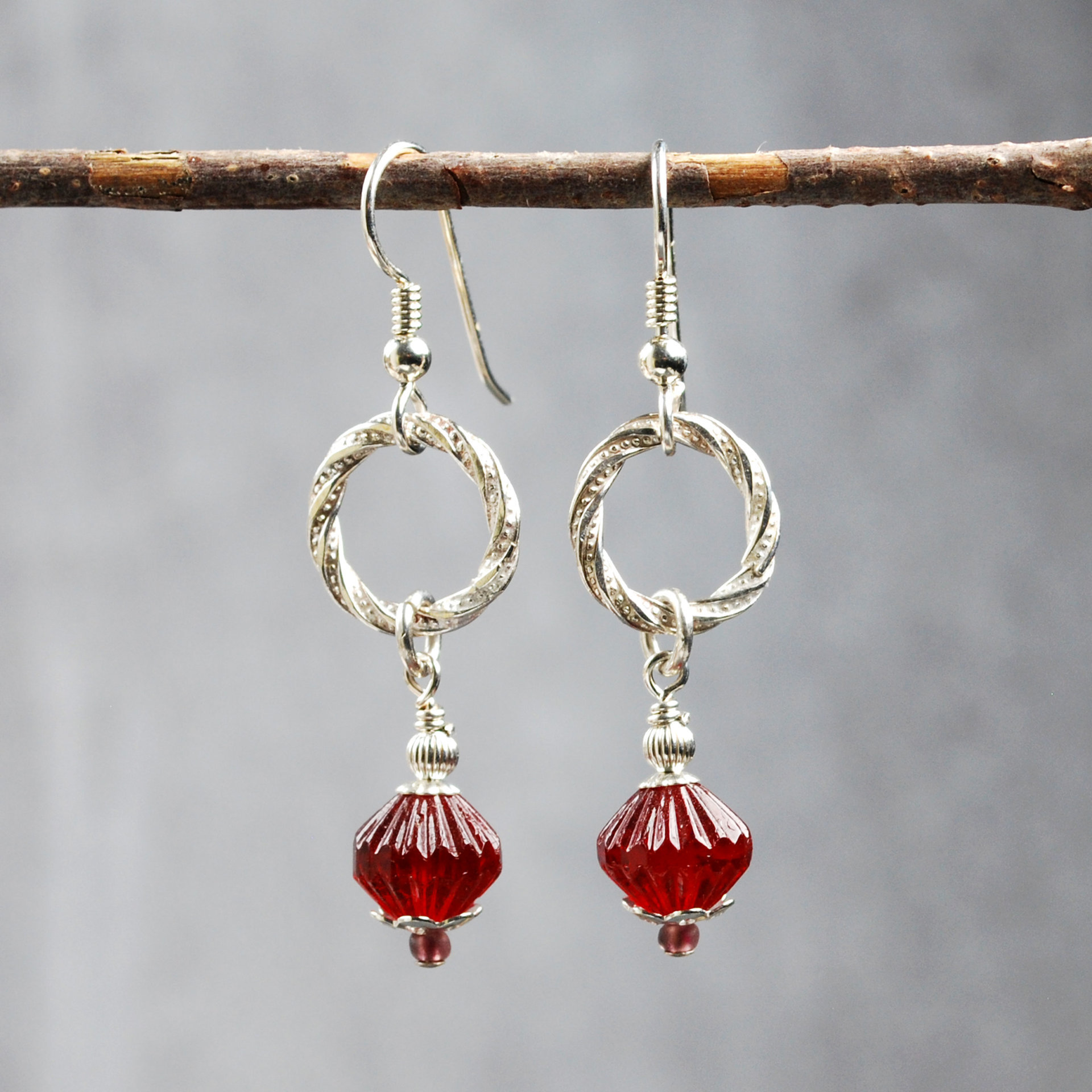 Silver and Red Czech Glass Bead Earrings