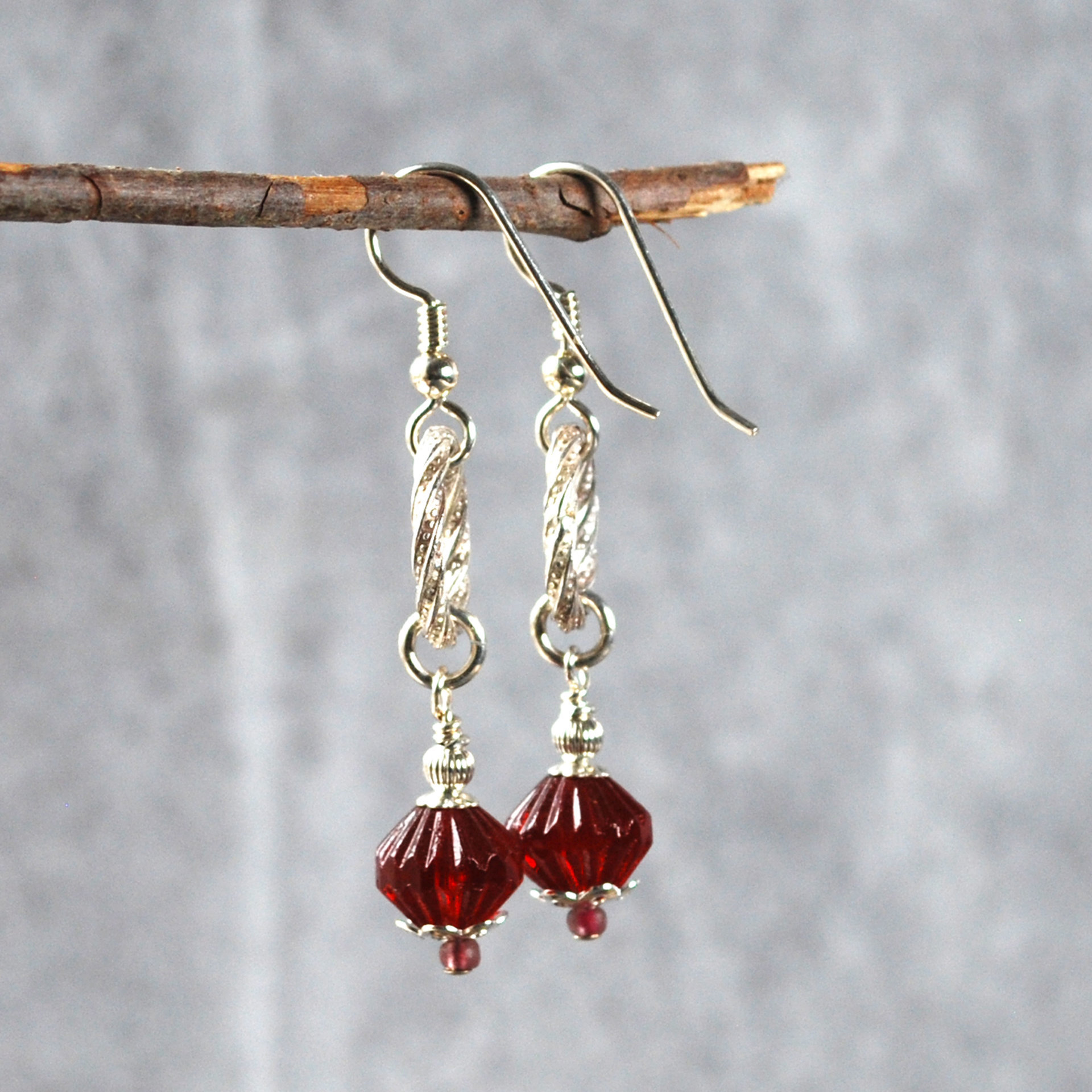 Silver and Red Czech Glass Bead Earrings