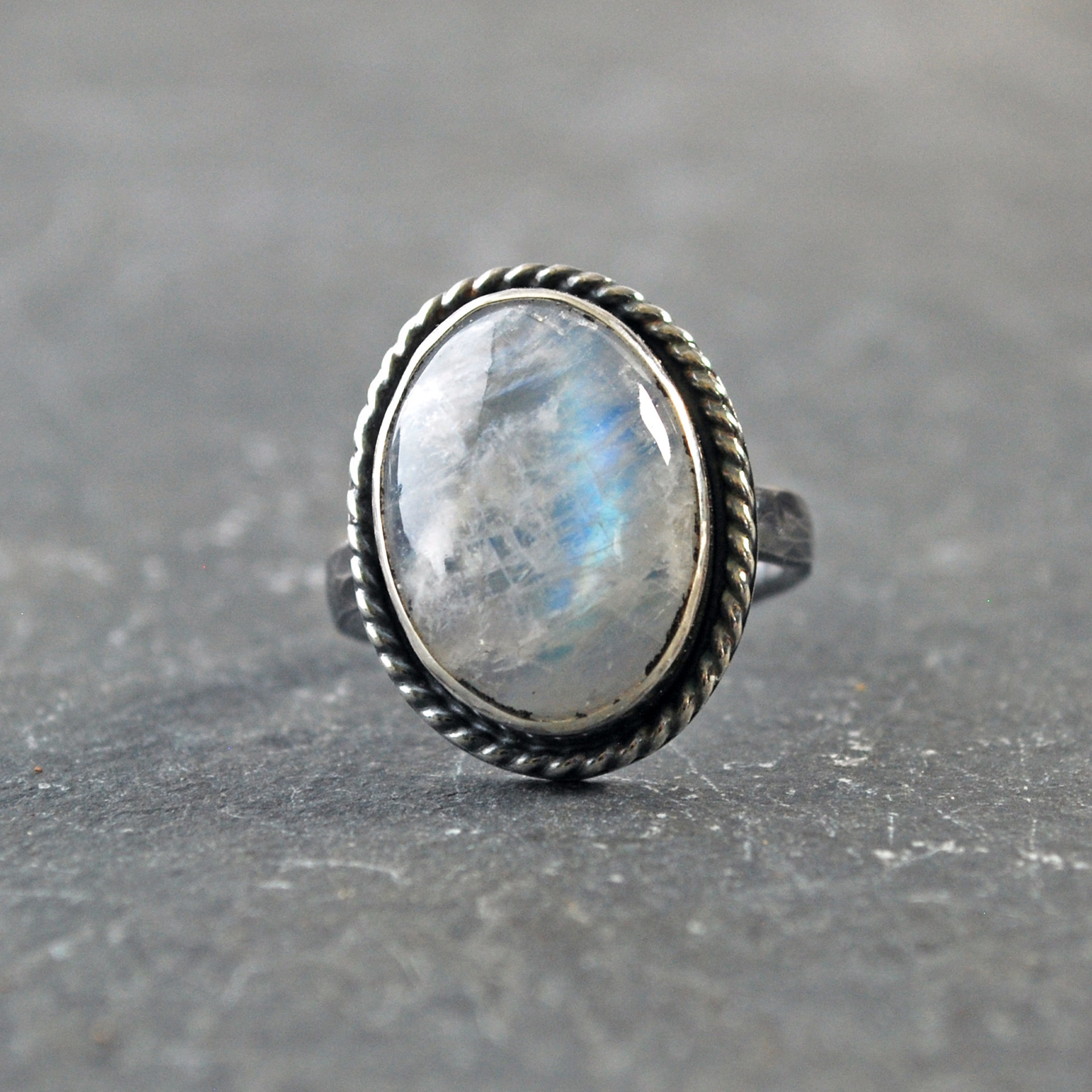 Siliver Rainbow Moonstone Ring, Size 8.5