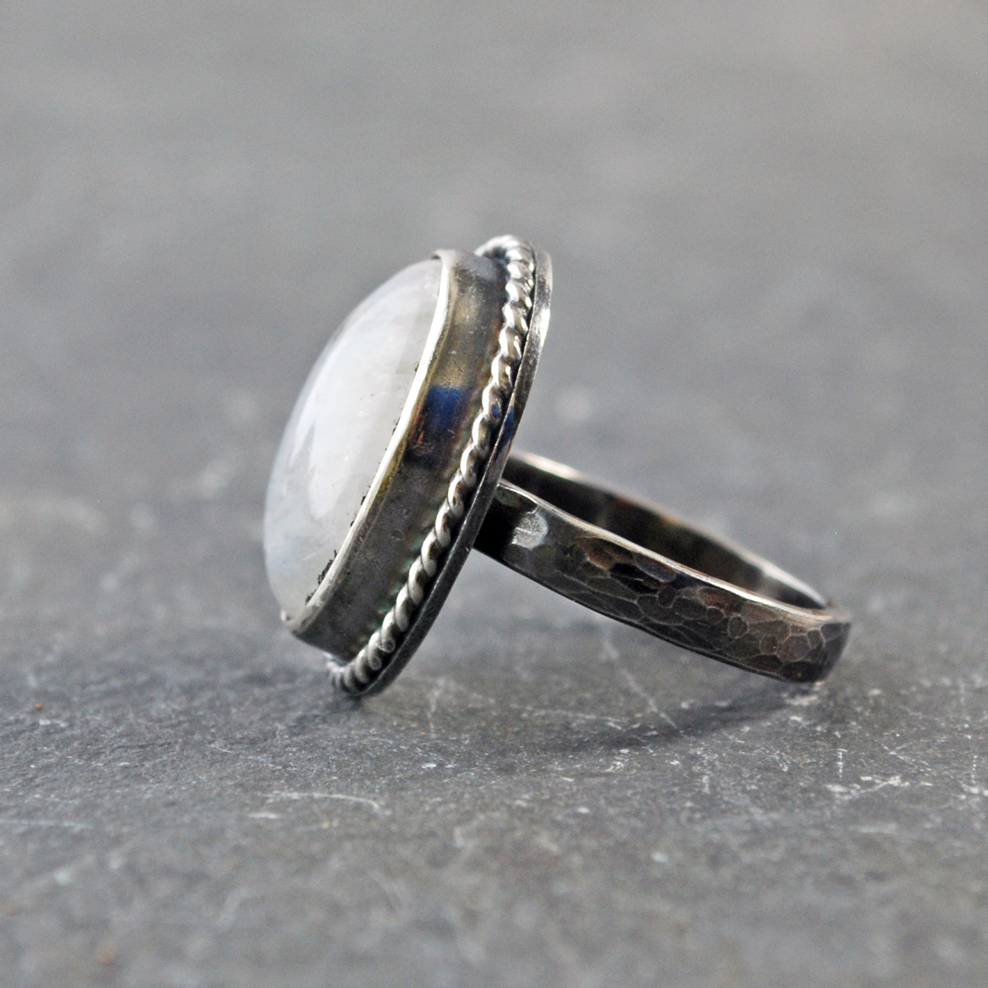 Siliver Rainbow Moonstone Ring, Size 8.5