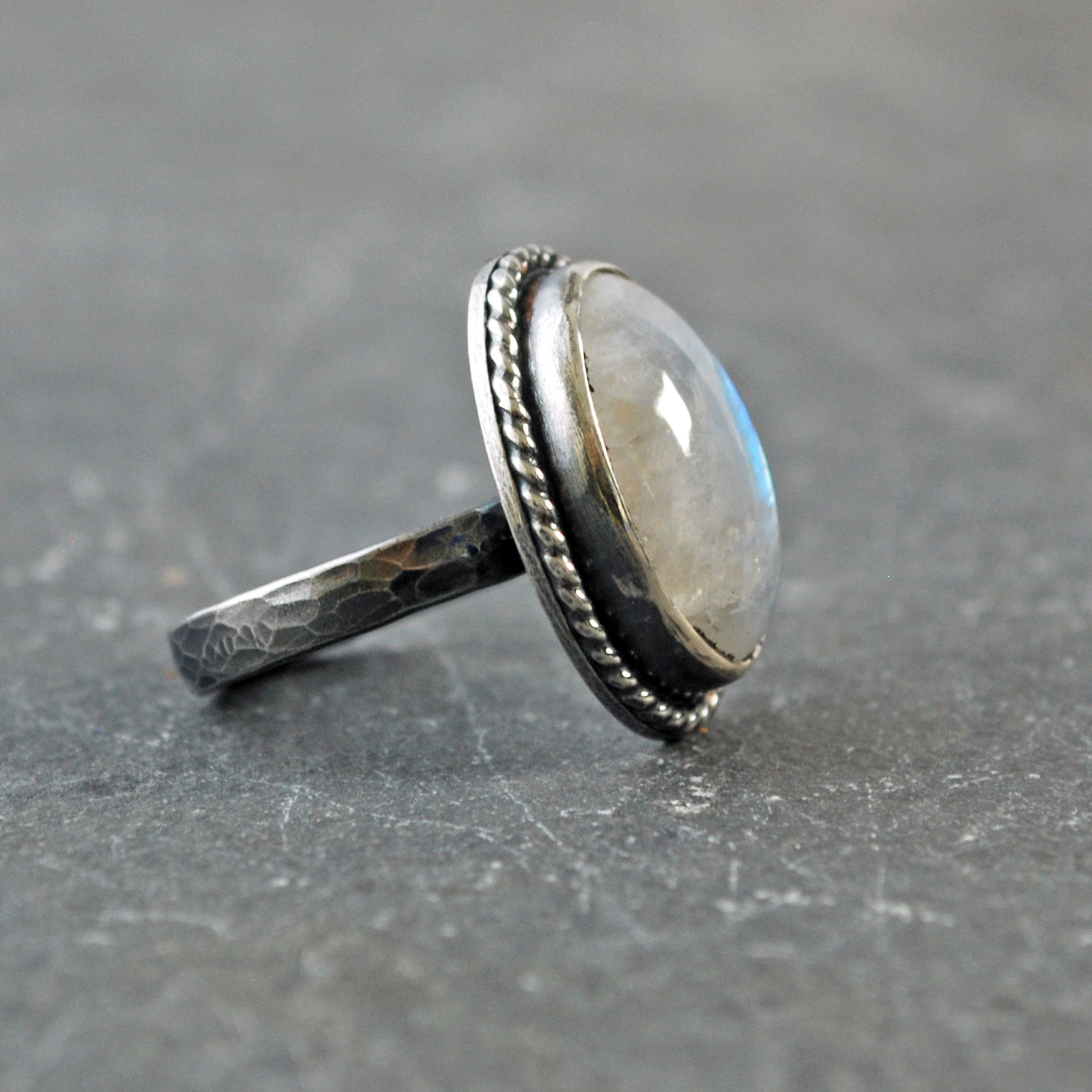 Siliver Rainbow Moonstone Ring, Size 8.5