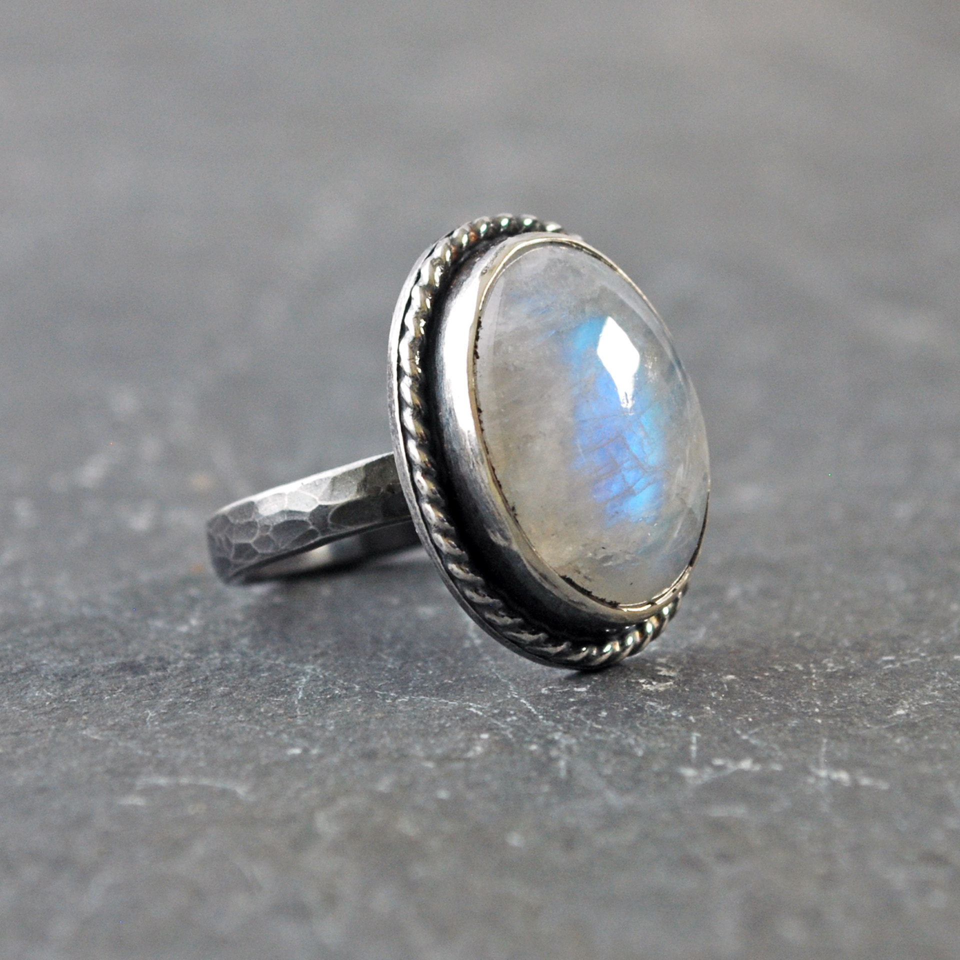 Siliver Rainbow Moonstone Ring, Size 8.5