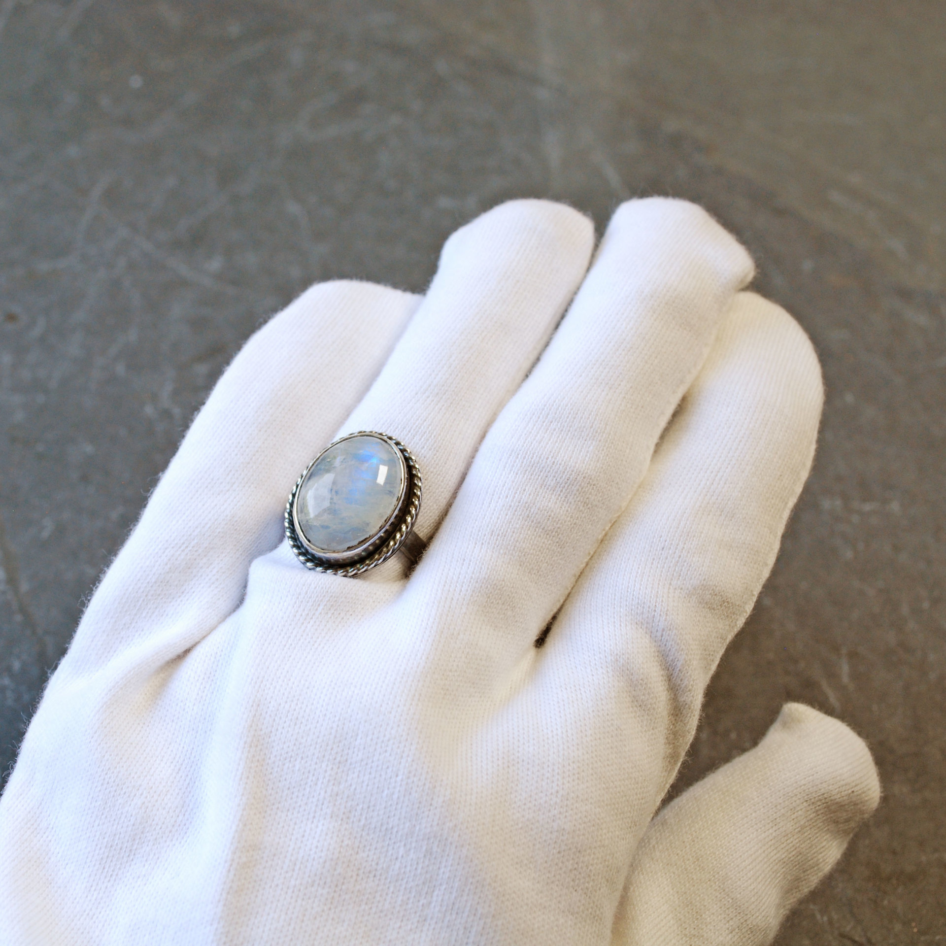 Siliver Rainbow Moonstone Ring, Size 8.5