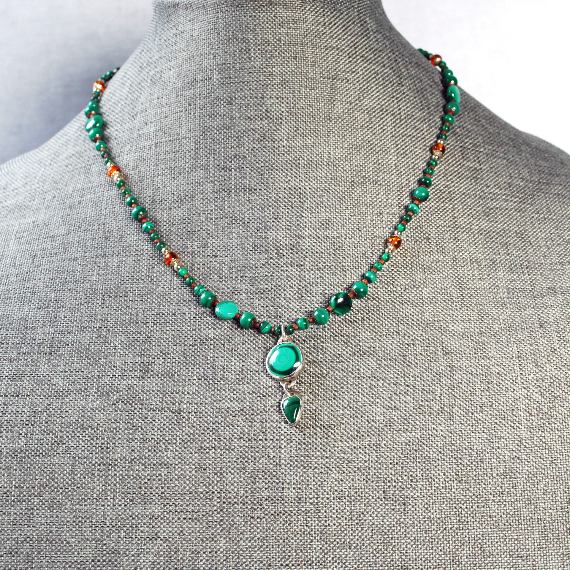 Malachite, Amber, Silver and Copper Necklace