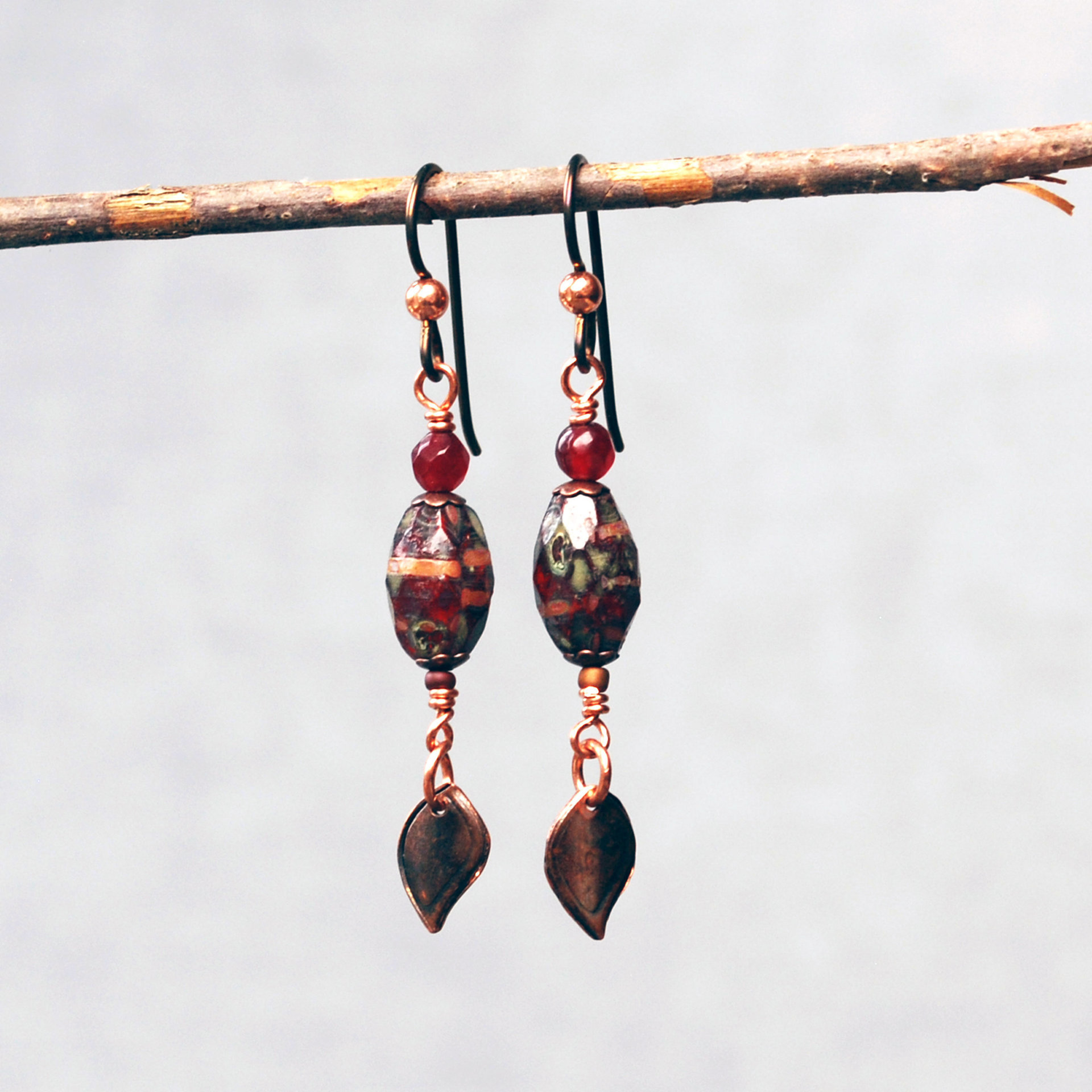 Czech Glass and Garnet Earrings with Copper Leaves
