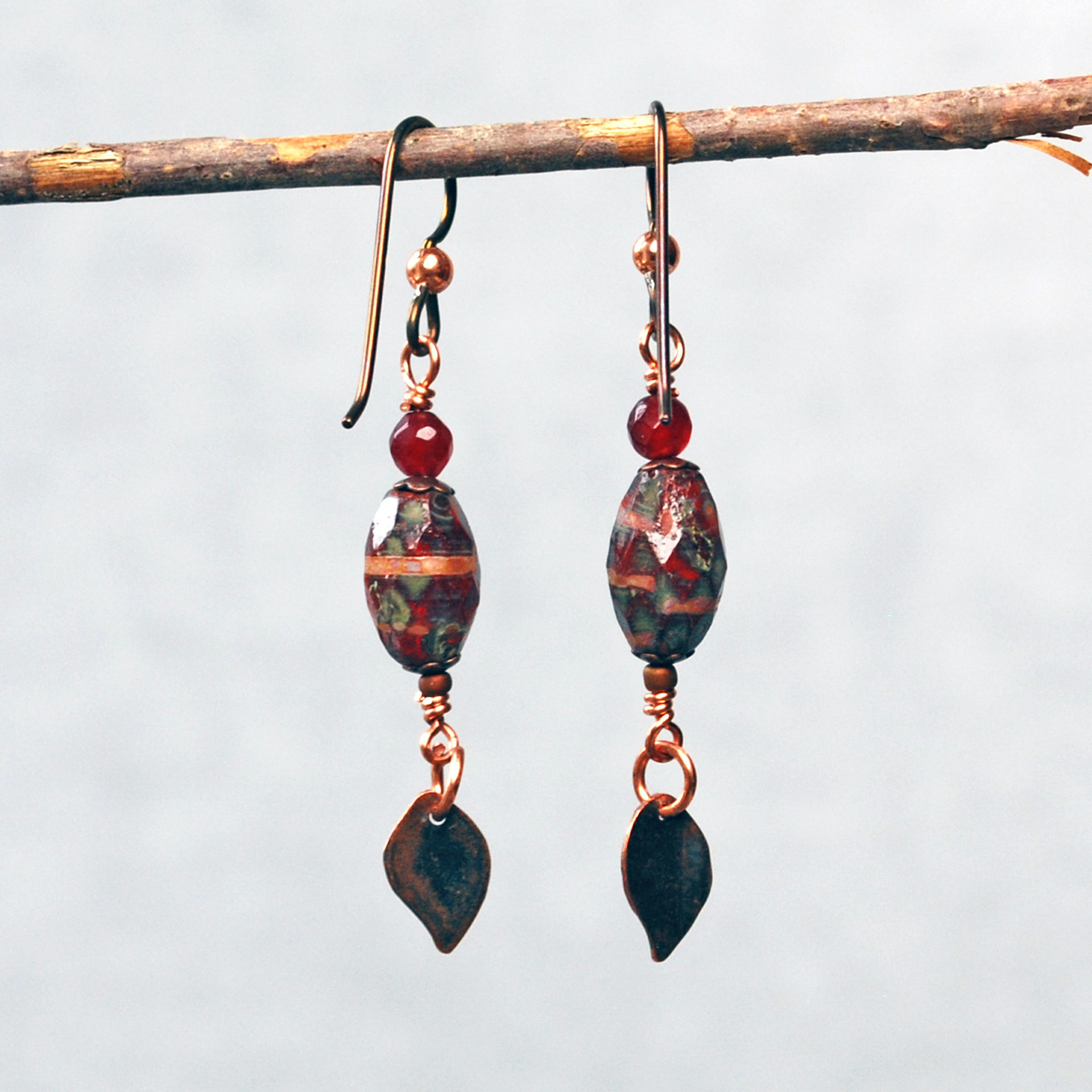 Czech Glass and Garnet Earrings with Copper Leaves